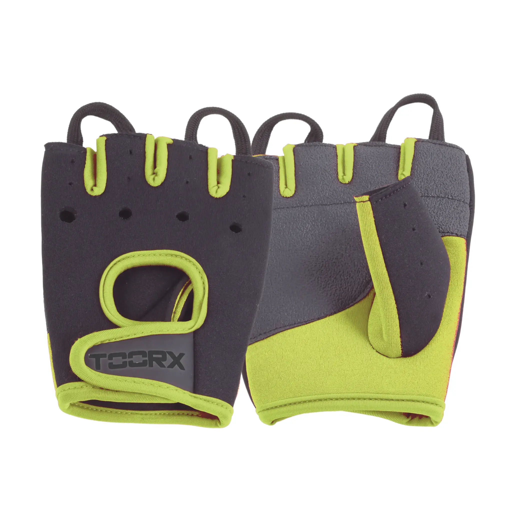 Pair of black weightlifting gloves with green accents. 'TSGRX' logo is visible on the left glove.