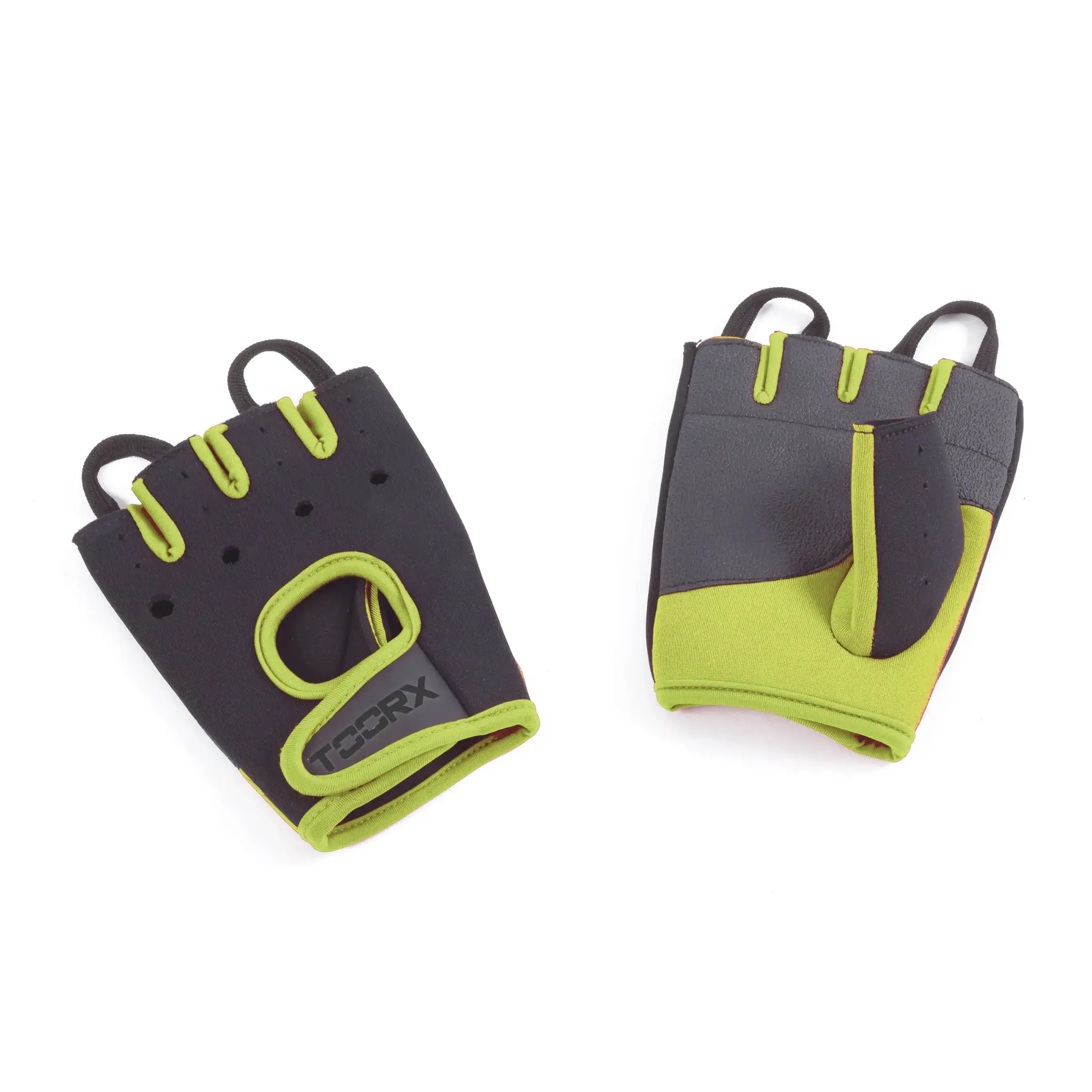 A pair of black and green fingerless gym gloves on a white backdrop.