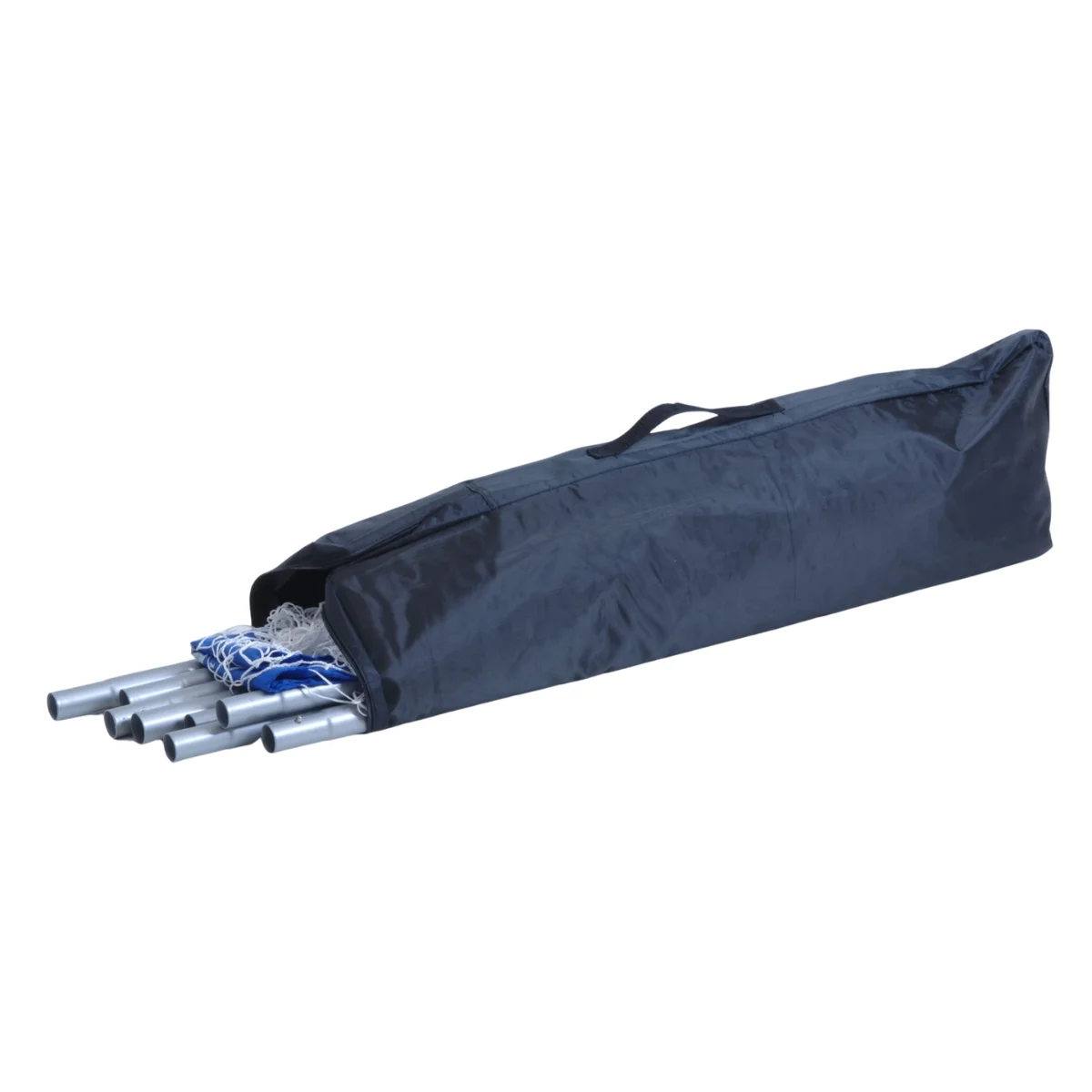 A blue bag contains silver poles and a white net. It is on a white surface.