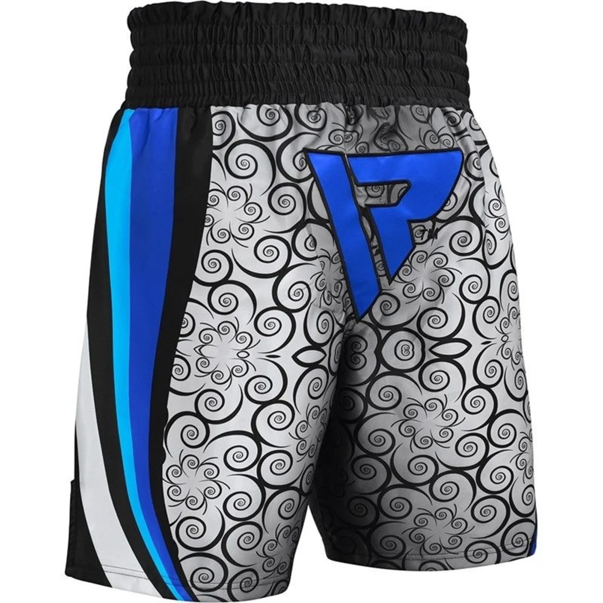 Boxing shorts with a blue and white design and a black waist.