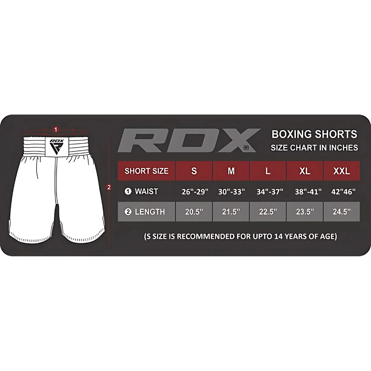 RDX boxing shorts size chart in inches with shorts and RDX logo.