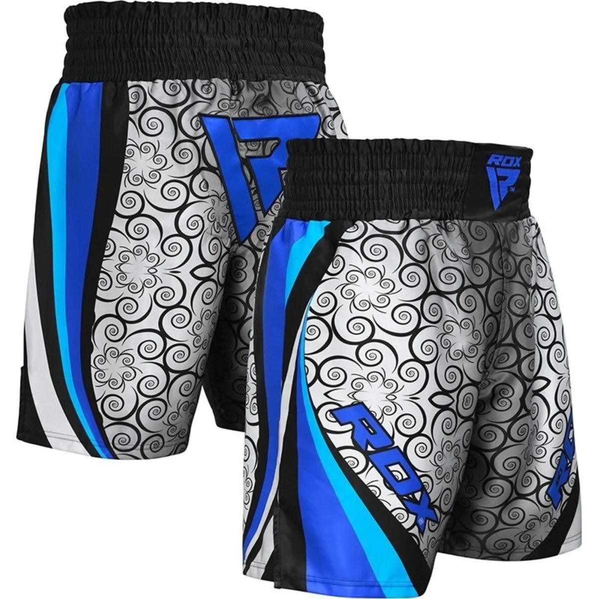 Pair of boxing shorts, blue and white design with black waistband. Features 'ROX' logo.