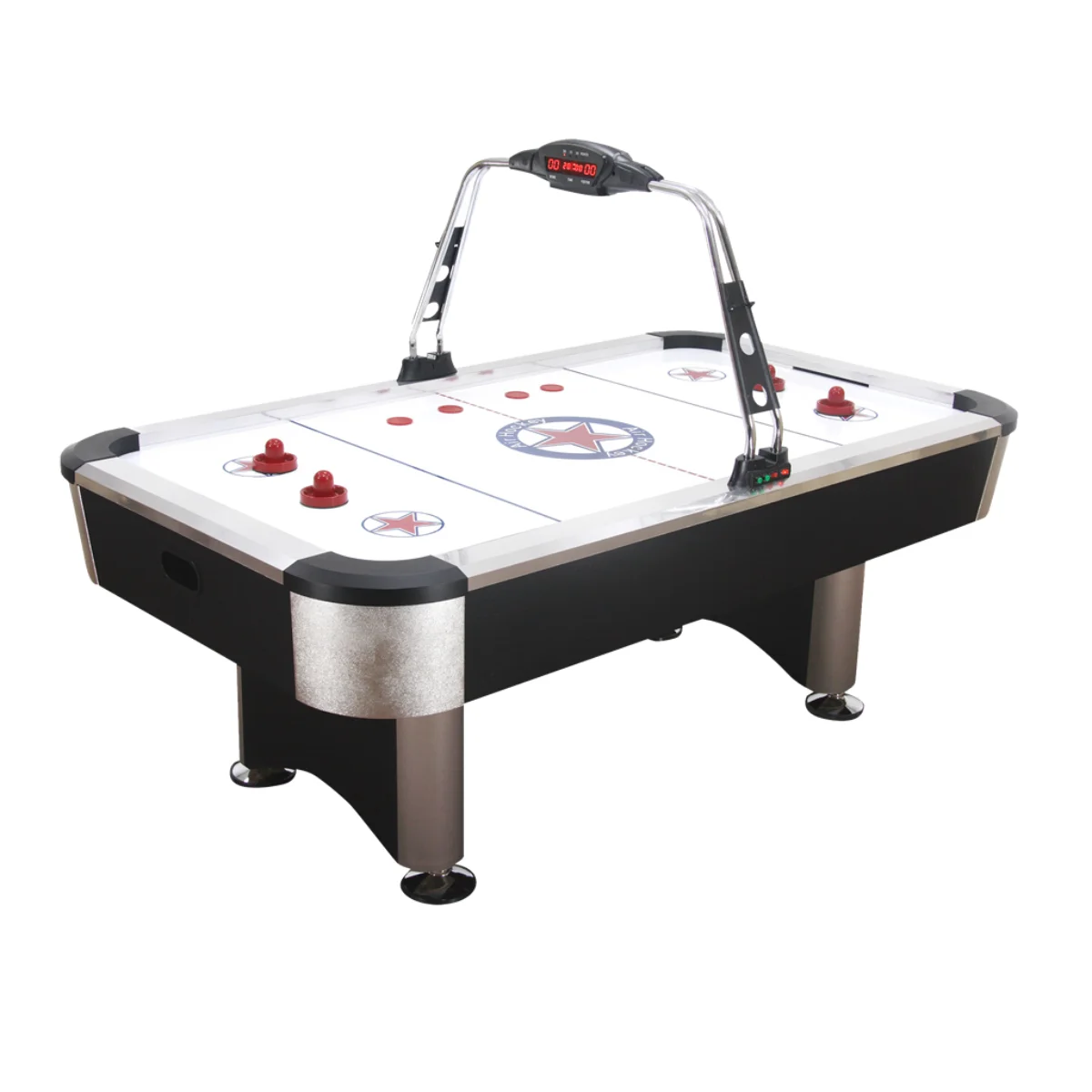 Tavolo da air hockey con dischi e mazze rosse. Schema di colori nero e argento.