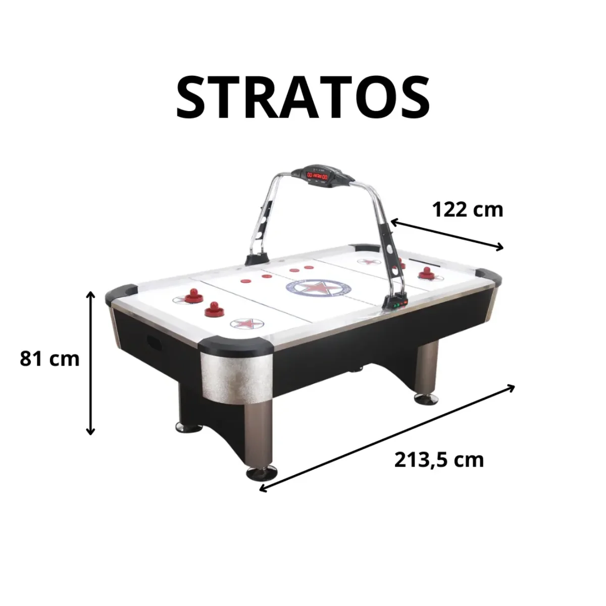Tavolo da air hockey con dimensioni: 81 cm di altezza, 213,5 cm di lunghezza e 122 cm di larghezza.
