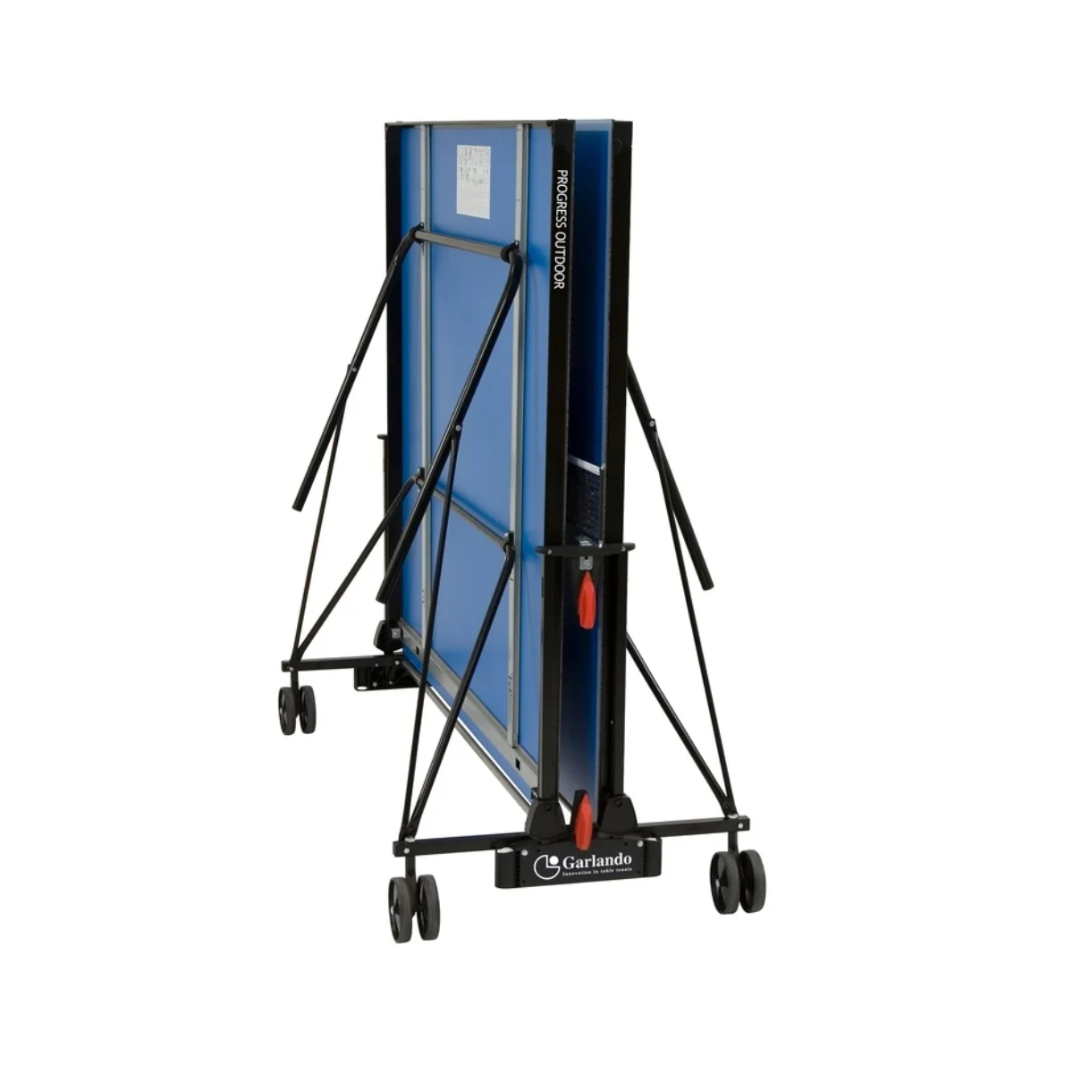 Blue and black folded ping pong table with wheels, displayed on a white background.