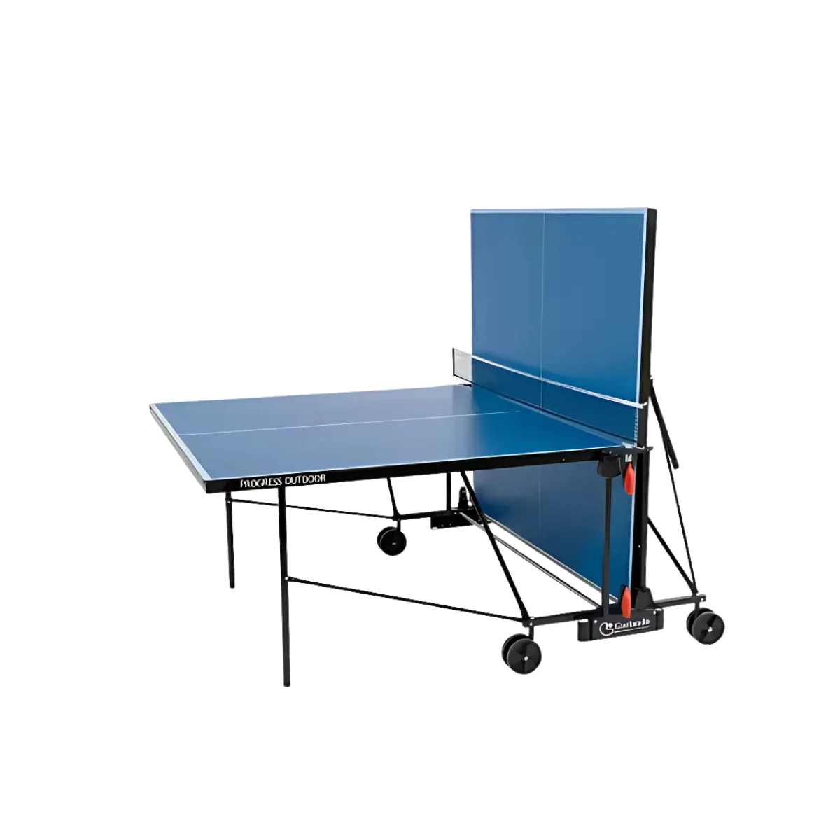 A blue ping pong table with a net and wheels. Black frame.