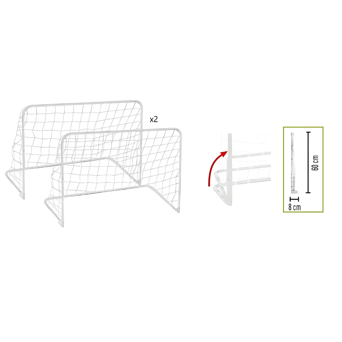 Deux buts de football blancs avec filets. L'un est plié. Un schéma montre les dimensions.