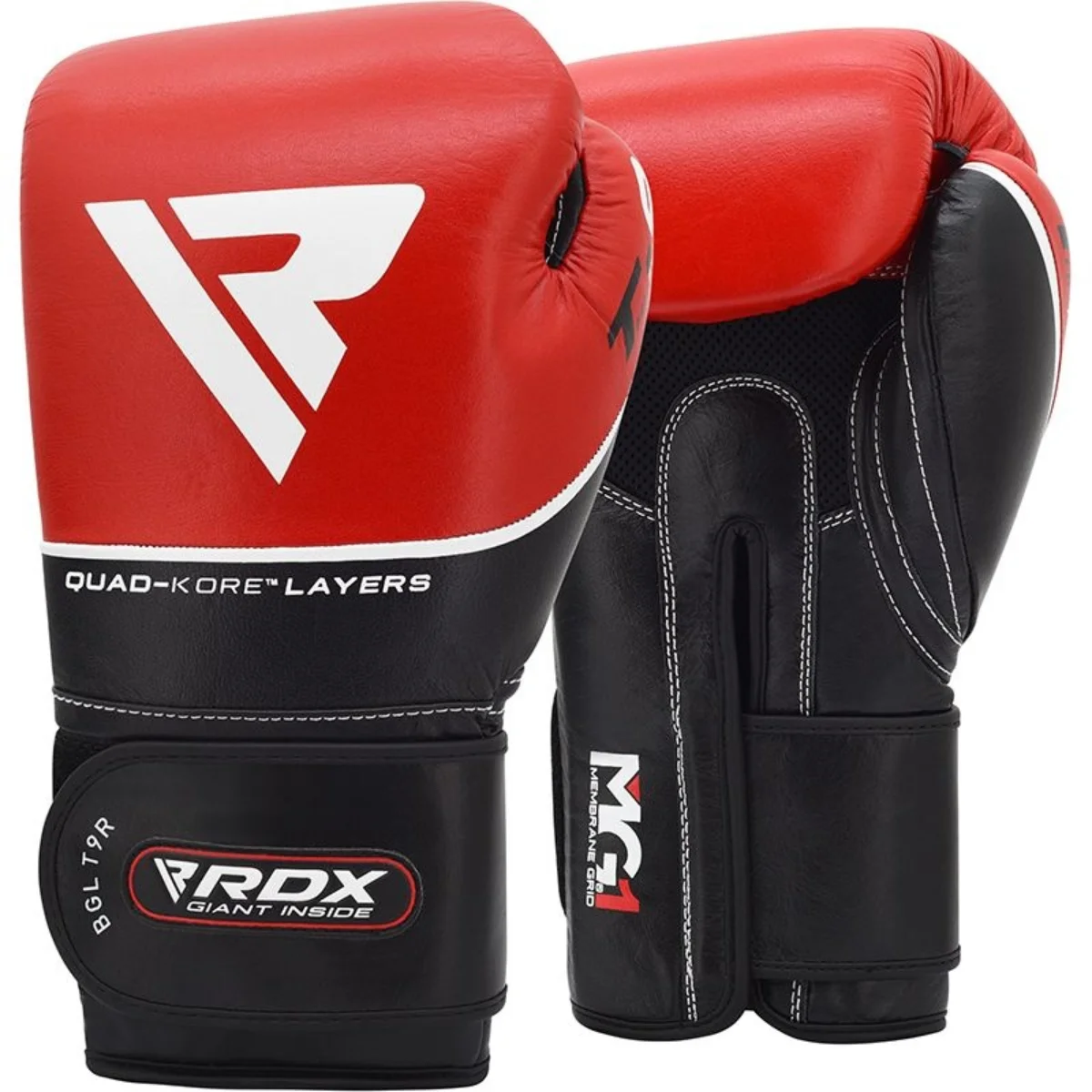 Red and black boxing gloves with white details and the RDX logo. The gloves have "QUAD-KORE LAYERS" written on them.