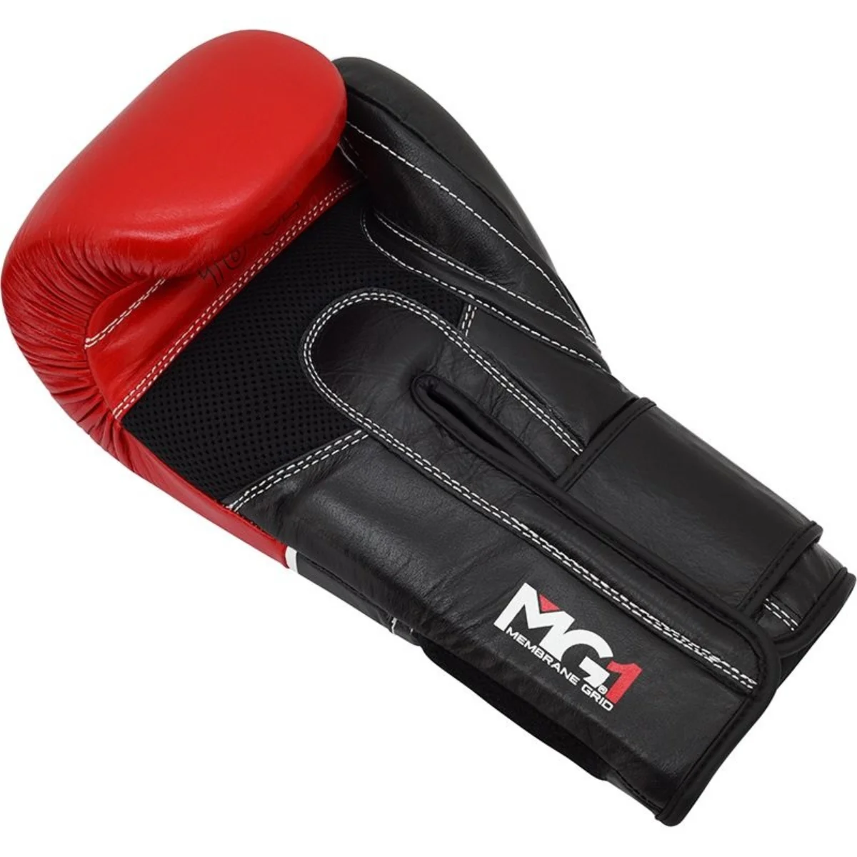 Red and black boxing glove. The brand is MG1 Membrane Grid.