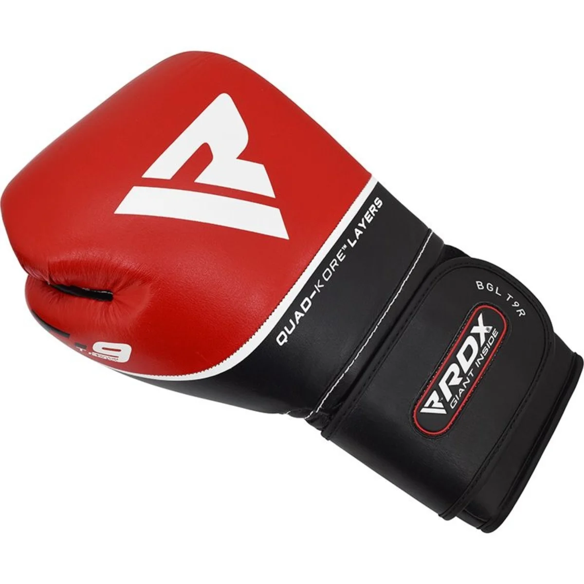 A red and black boxing glove with white accents and text. The glove lies against white.
