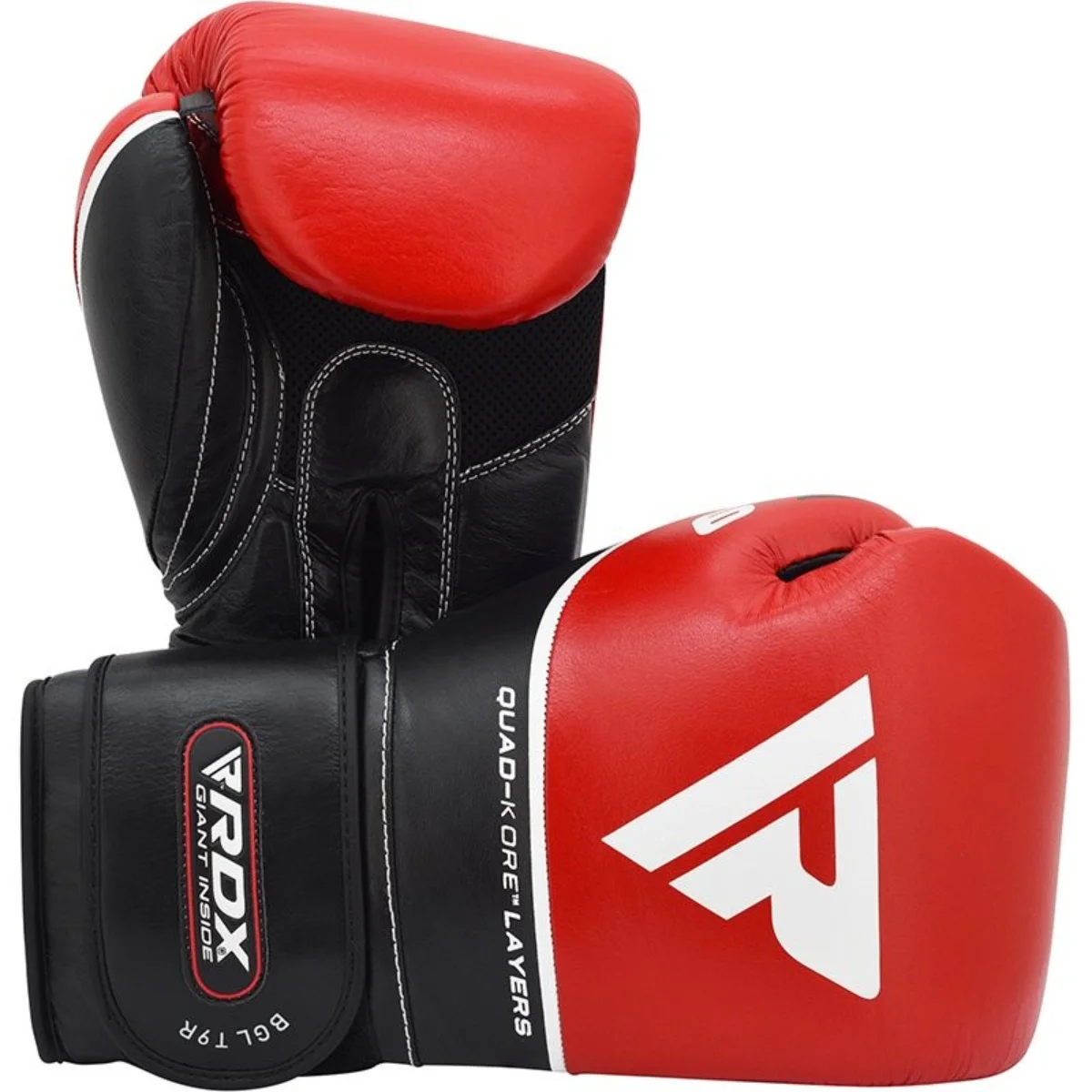Red and black boxing gloves. The top one is on top of the other. They are labeled.