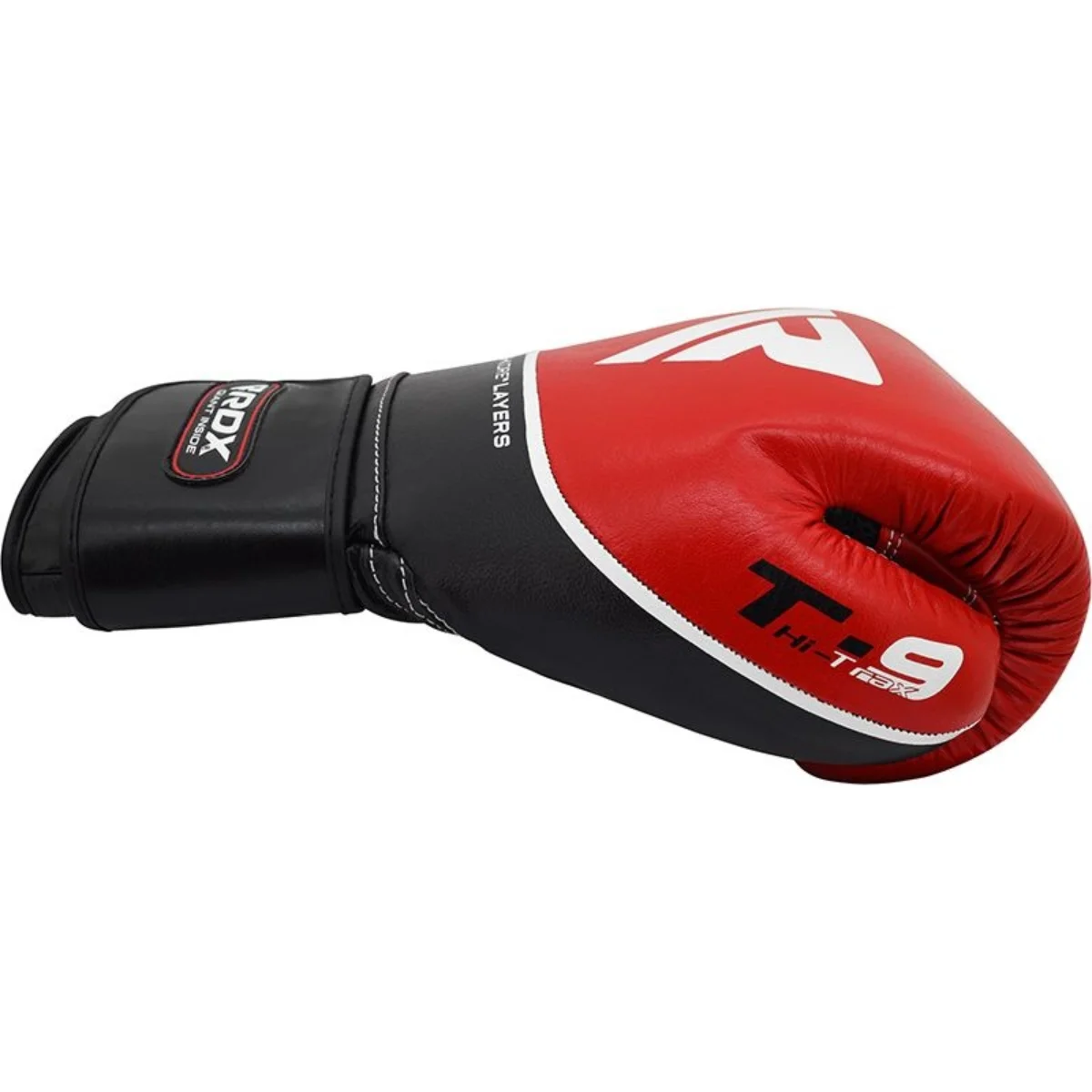 Red and black boxing glove. The glove is on a white background.