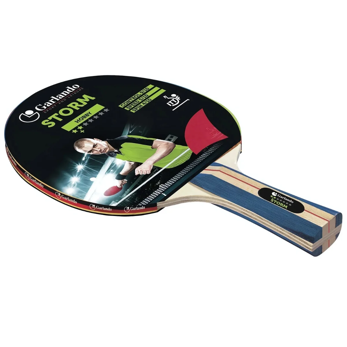 Pingpongbatje met een man erop. Het merk is Garlando STORM. Rode en zwarte kleuren.