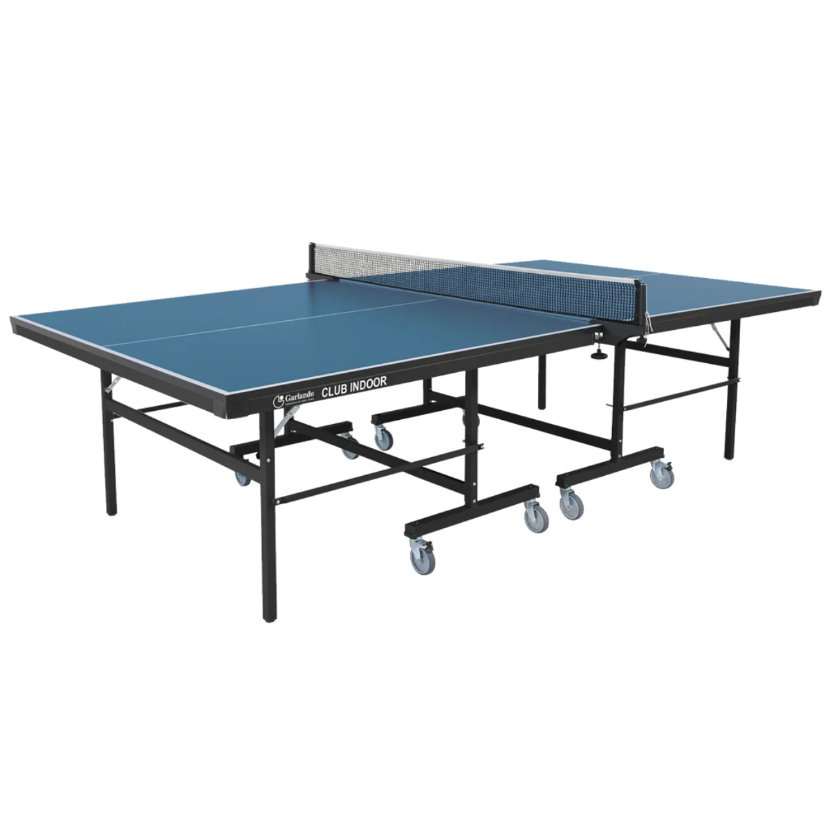Blue table tennis table with net, on a white background. Brand name is Garland Club.
