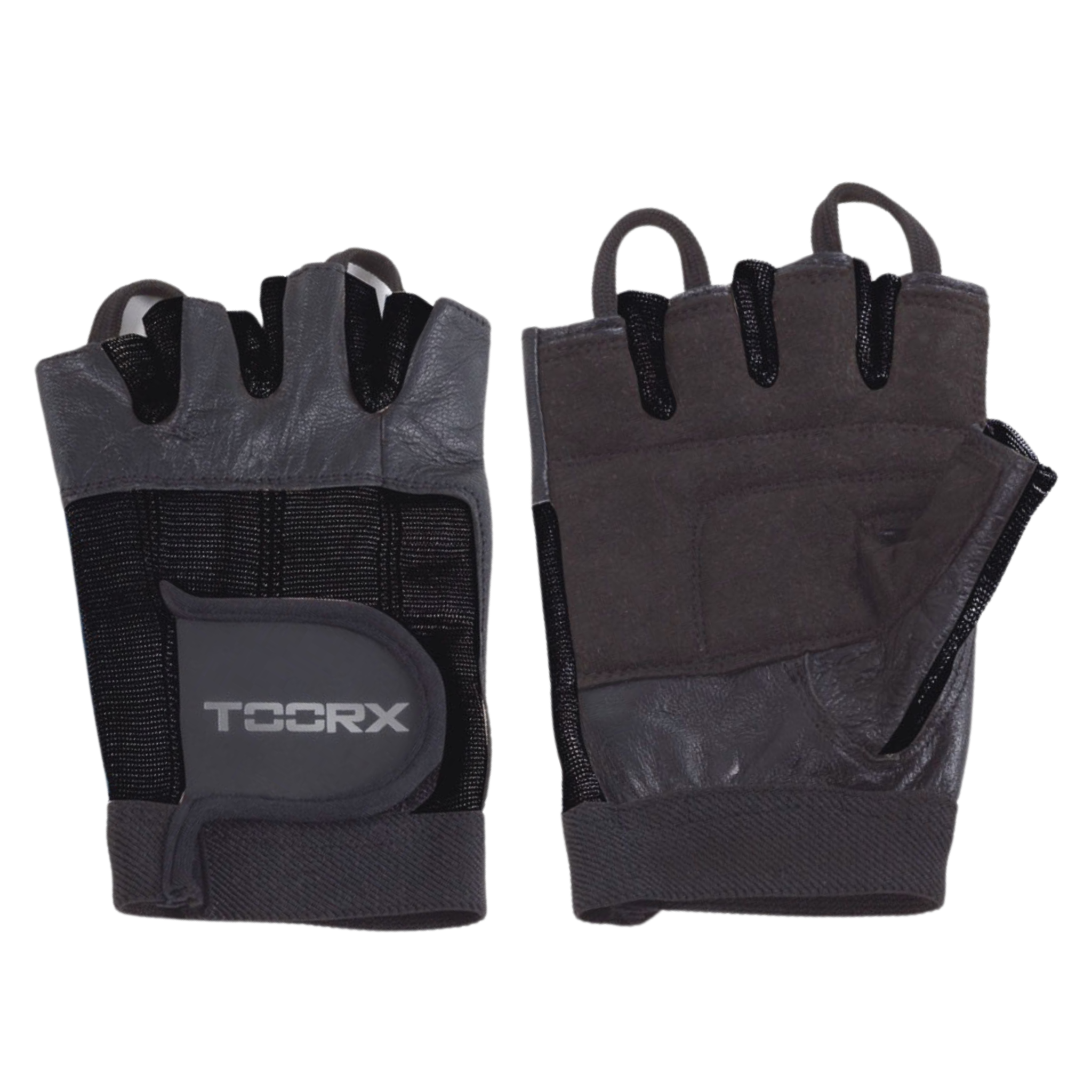 Paar zwarte gewichthefhandschoenen. Tocrx logo op de achterkant.