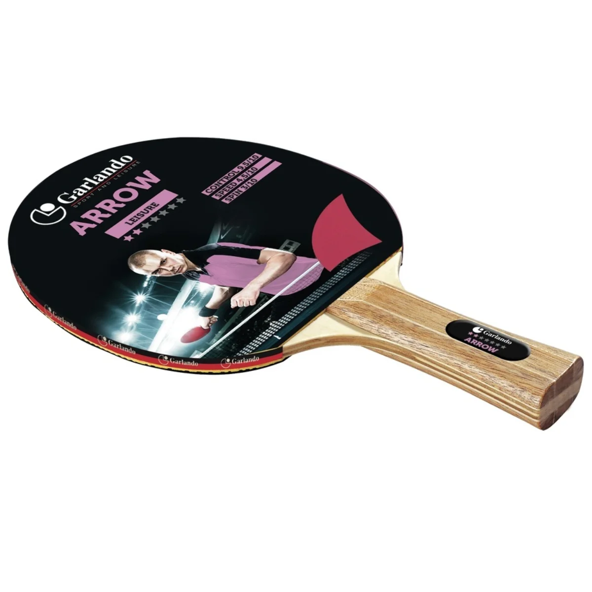 Ping pong paddle with a black blade, a wooden handle, and a picture of a man playing.