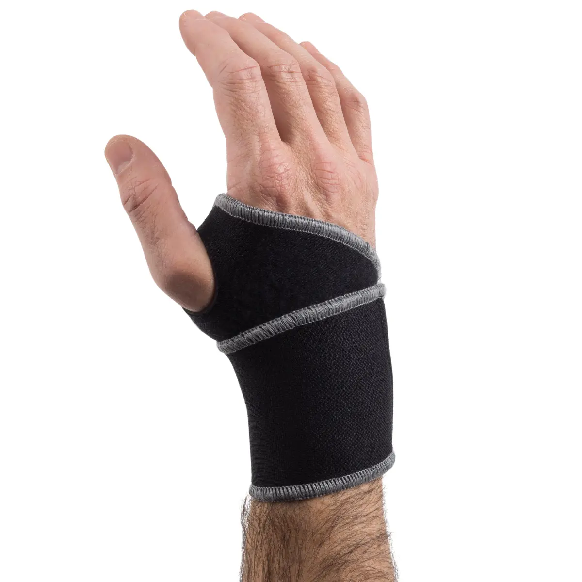 Support de poignet noir avec garniture grise, couvrant une partie de la main.