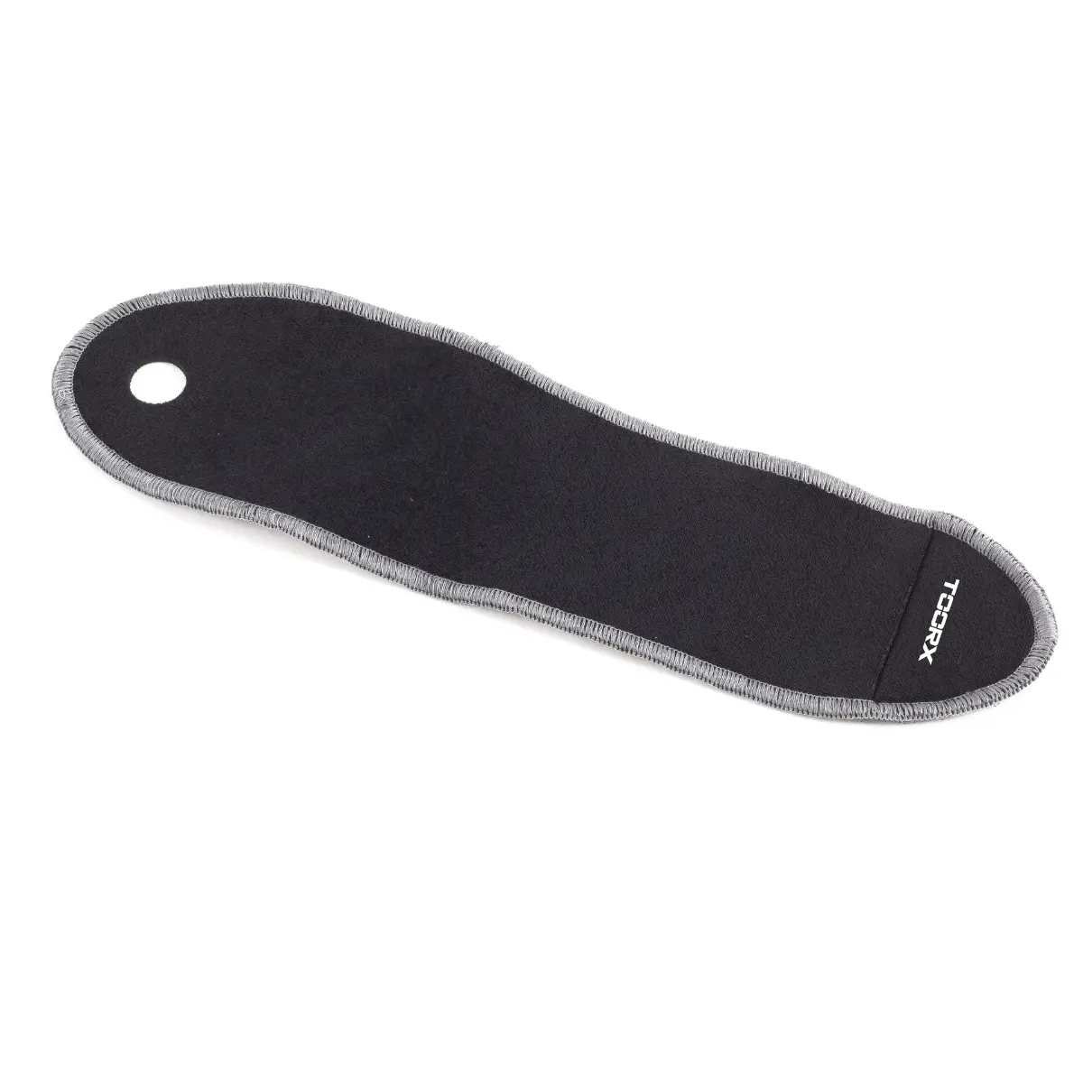 Support de cheville en néoprène noir avec un trou et une bordure grise. Le texte est sur le côté droit.