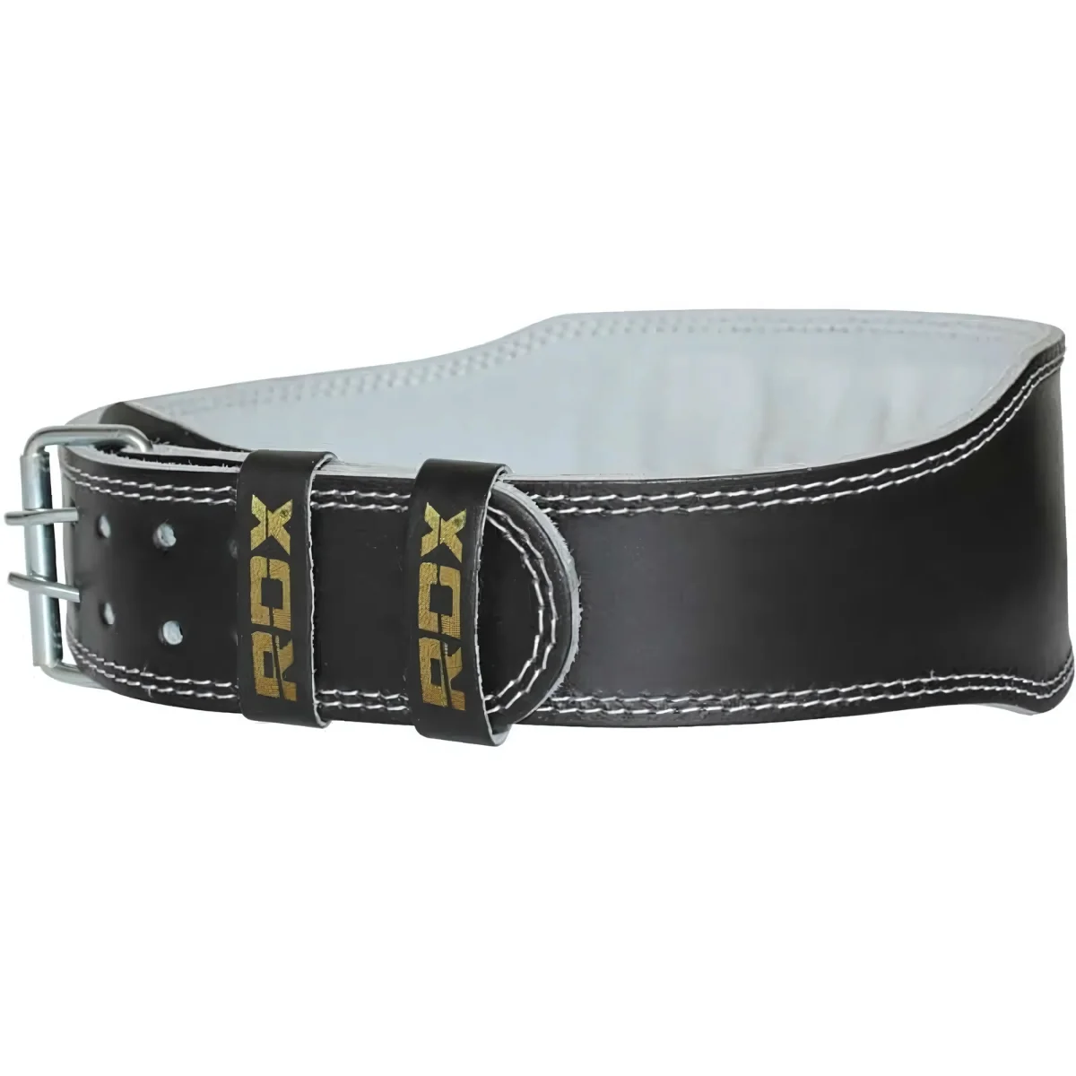 Black weightlifting belt with white interior. Gold RDX brand on the belt loops. Metal buckle.
