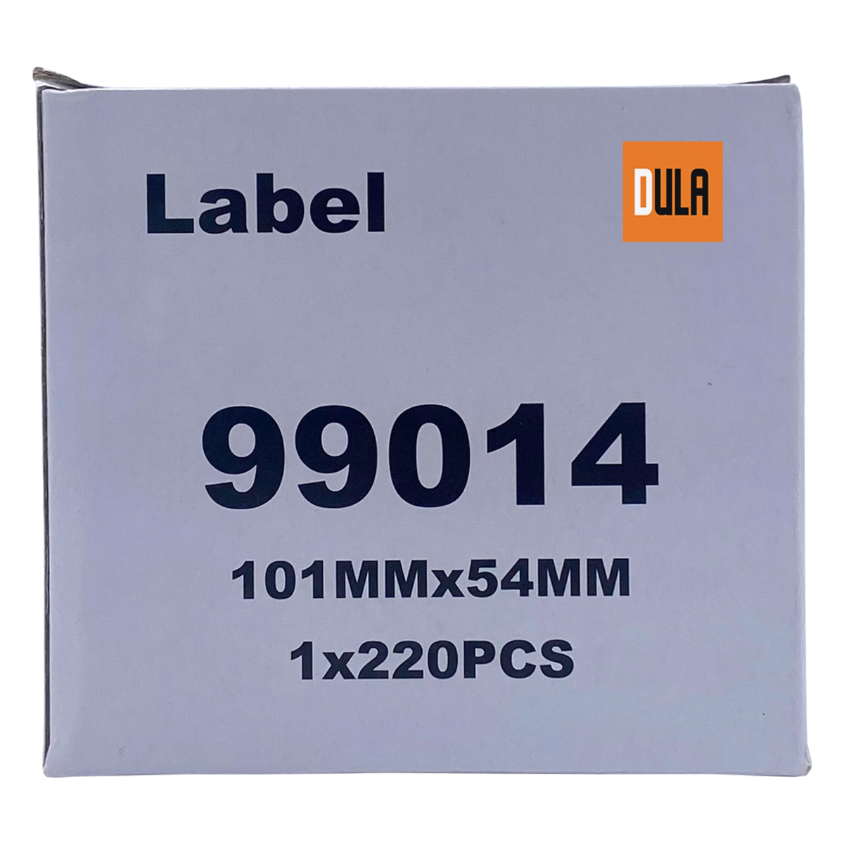 Een witte doos met de tekst 'Label' en '99014'. De merknaam is DULA. Witte achtergrond.
