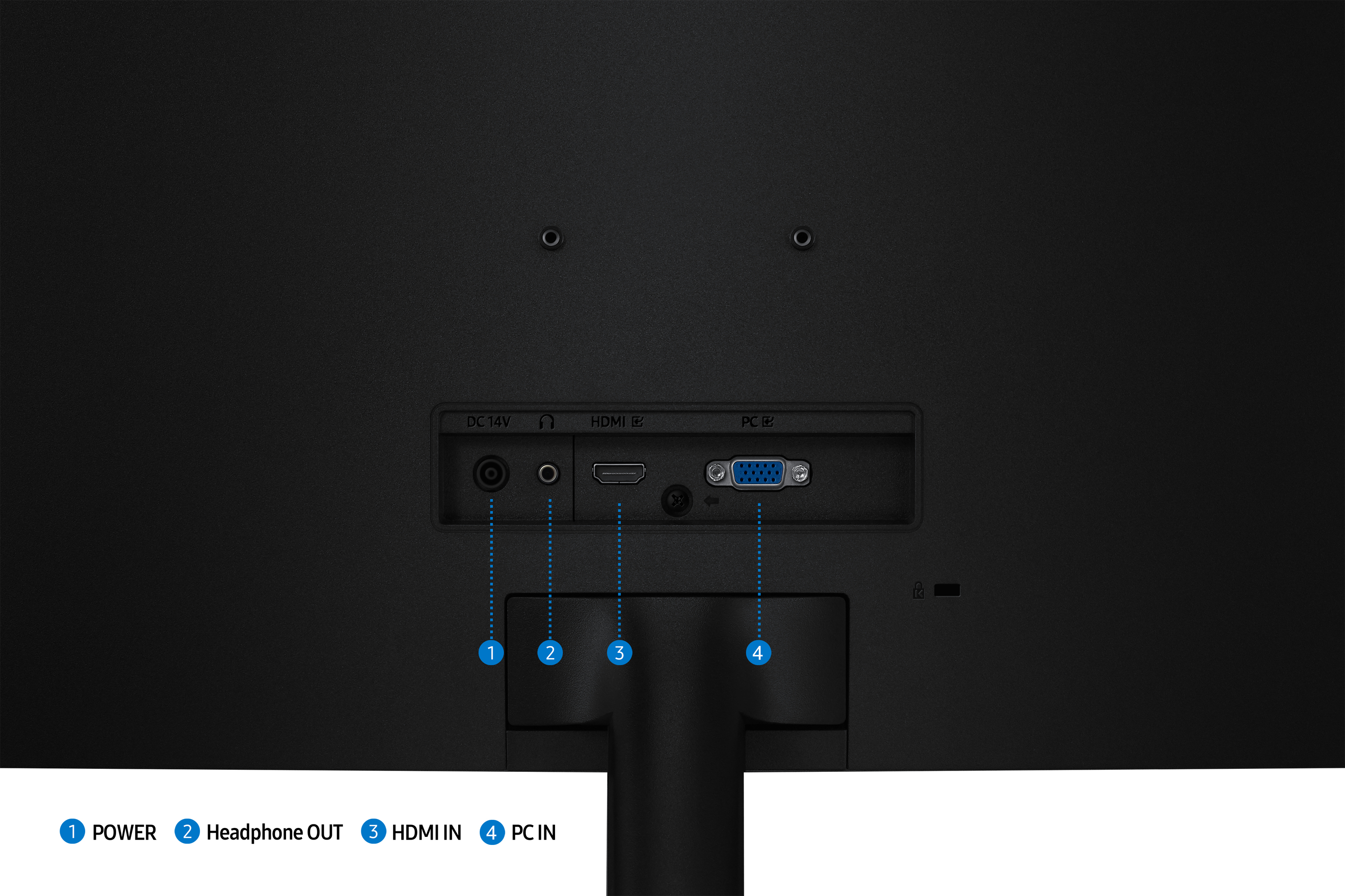 Tył czarnego monitora. Pokazuje porty: zasilanie, wyjście słuchawkowe, wejście HDMI i PC.