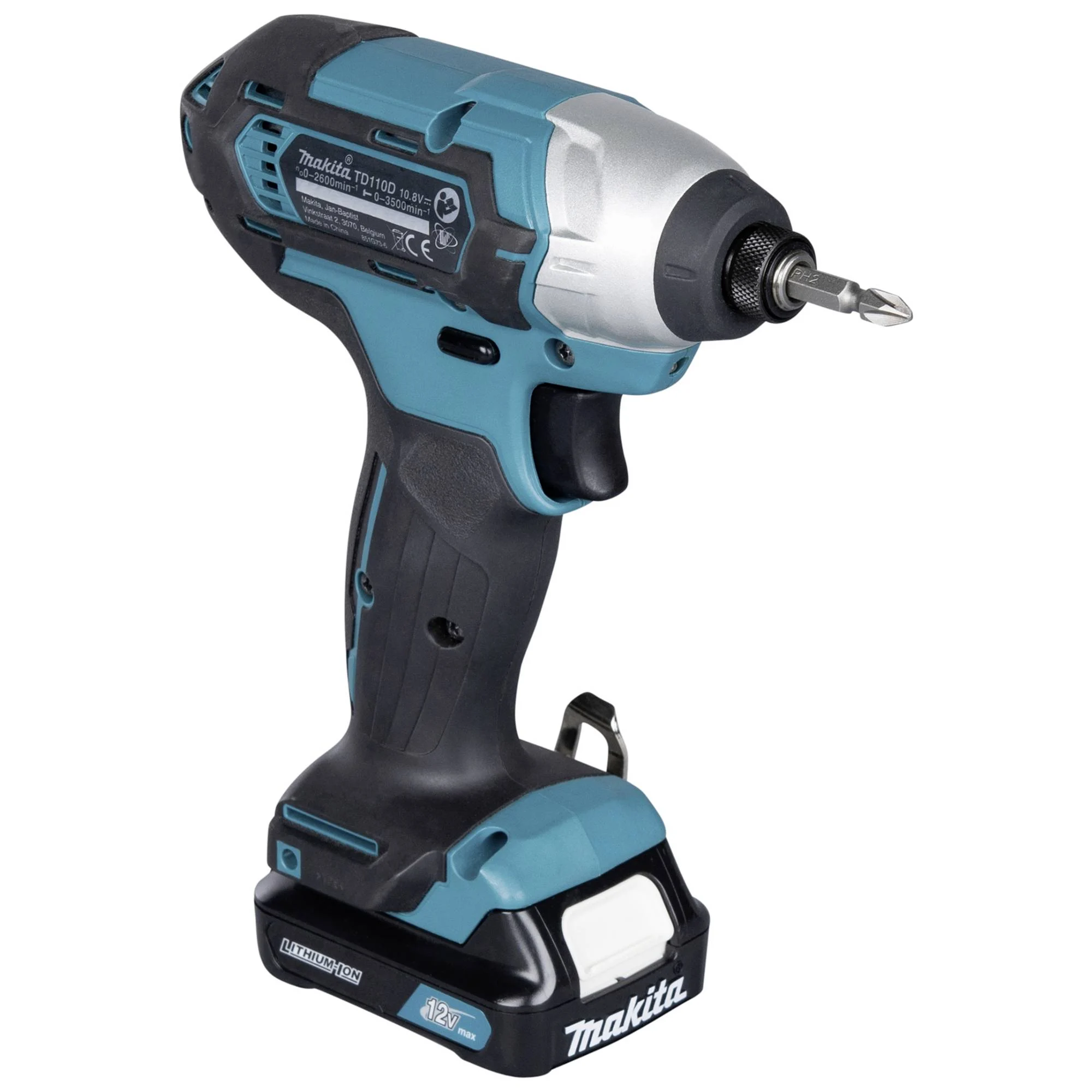 Avvitatore a impulsi Makita blu e nero con punta inserita, su sfondo bianco.