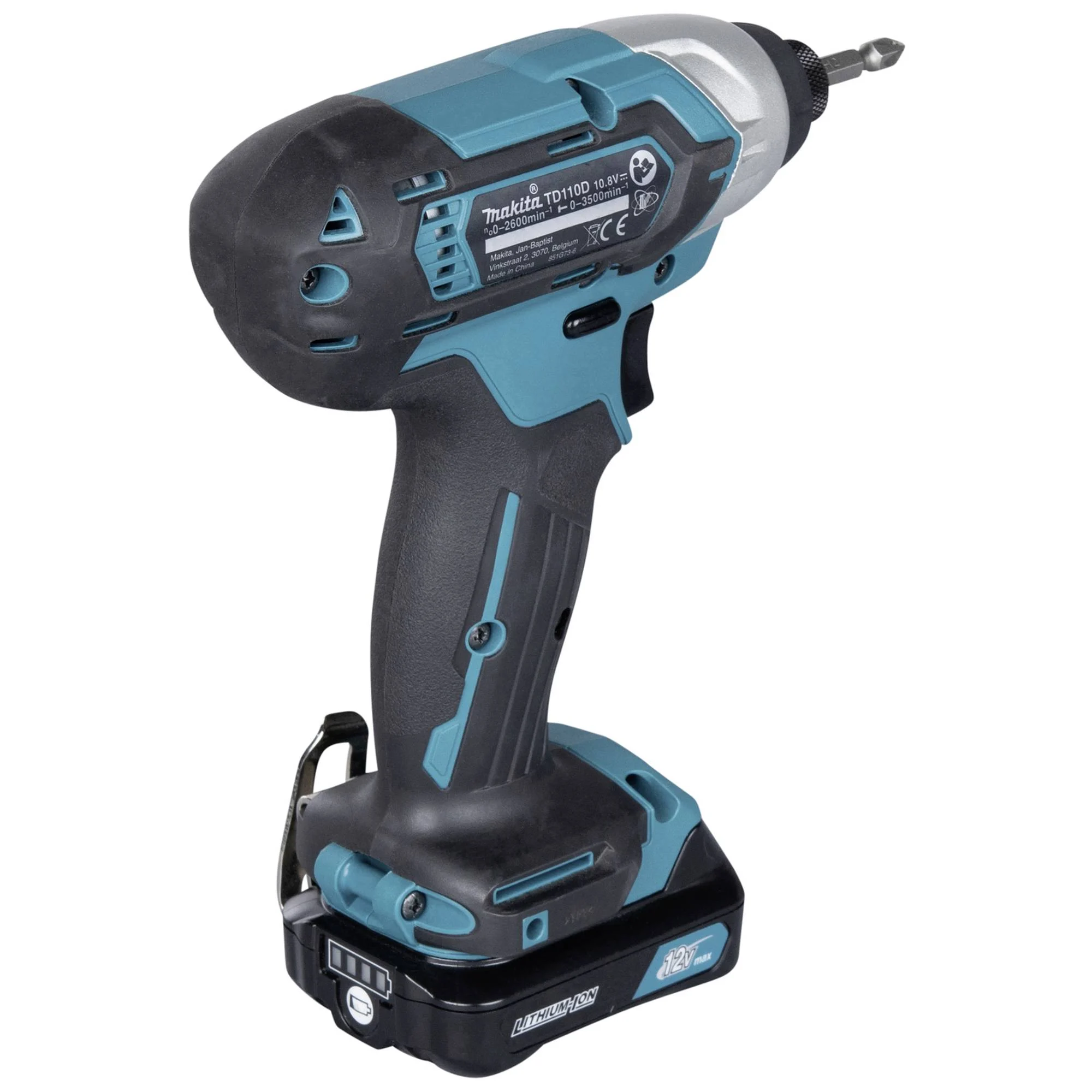 Trapano avvitatore blu e nero senza fili, con batteria. La punta in alto a destra.