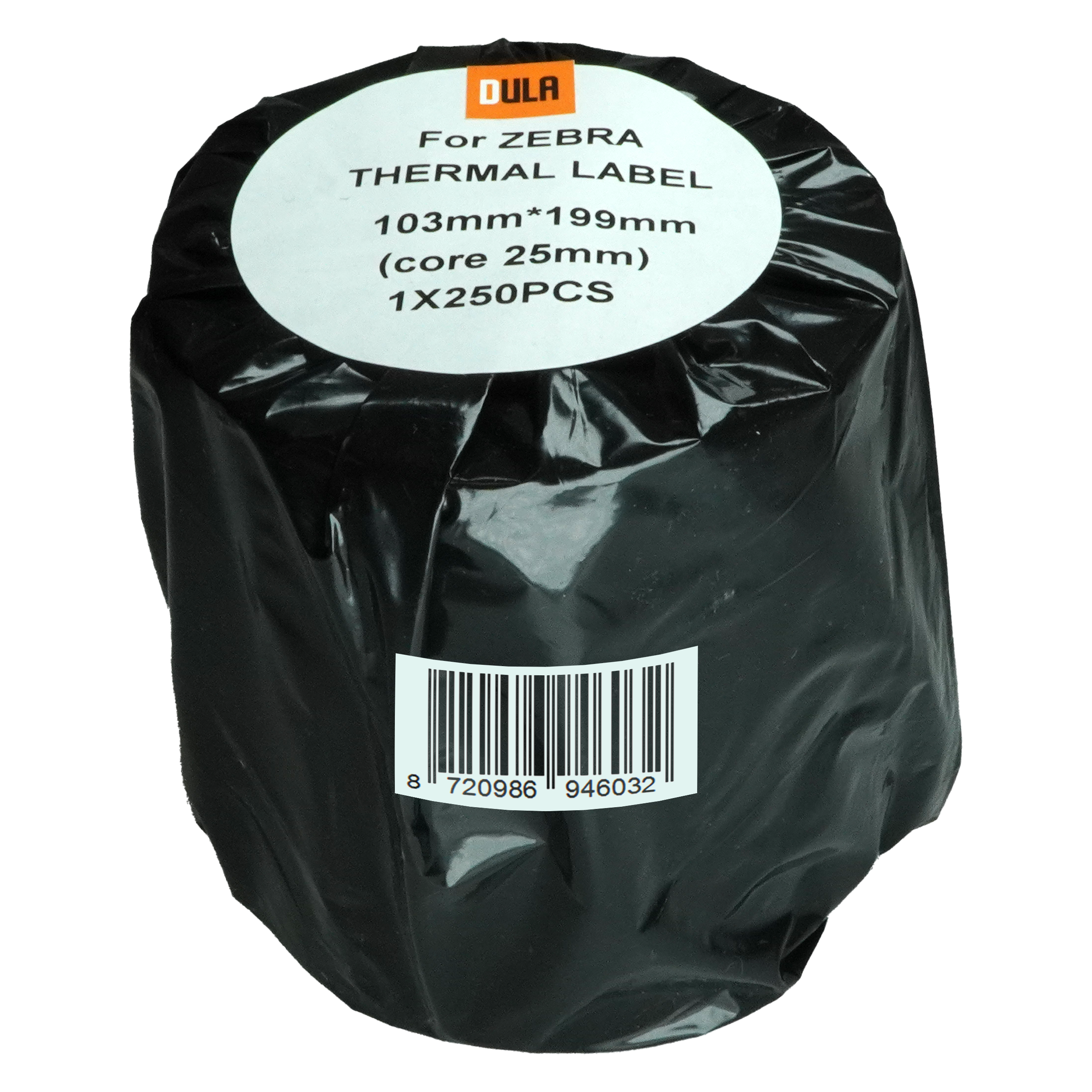 Een zwart plastic verpakte rol thermisch etiketpapier met een wit etiket.