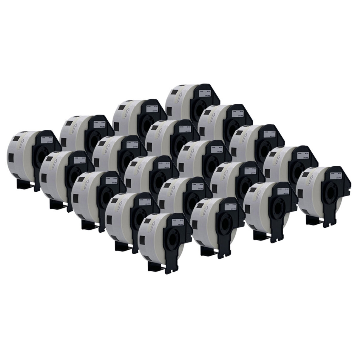 Een verzameling labelrollen. Gerangschikt in een raster. Zwart-wit labels.
