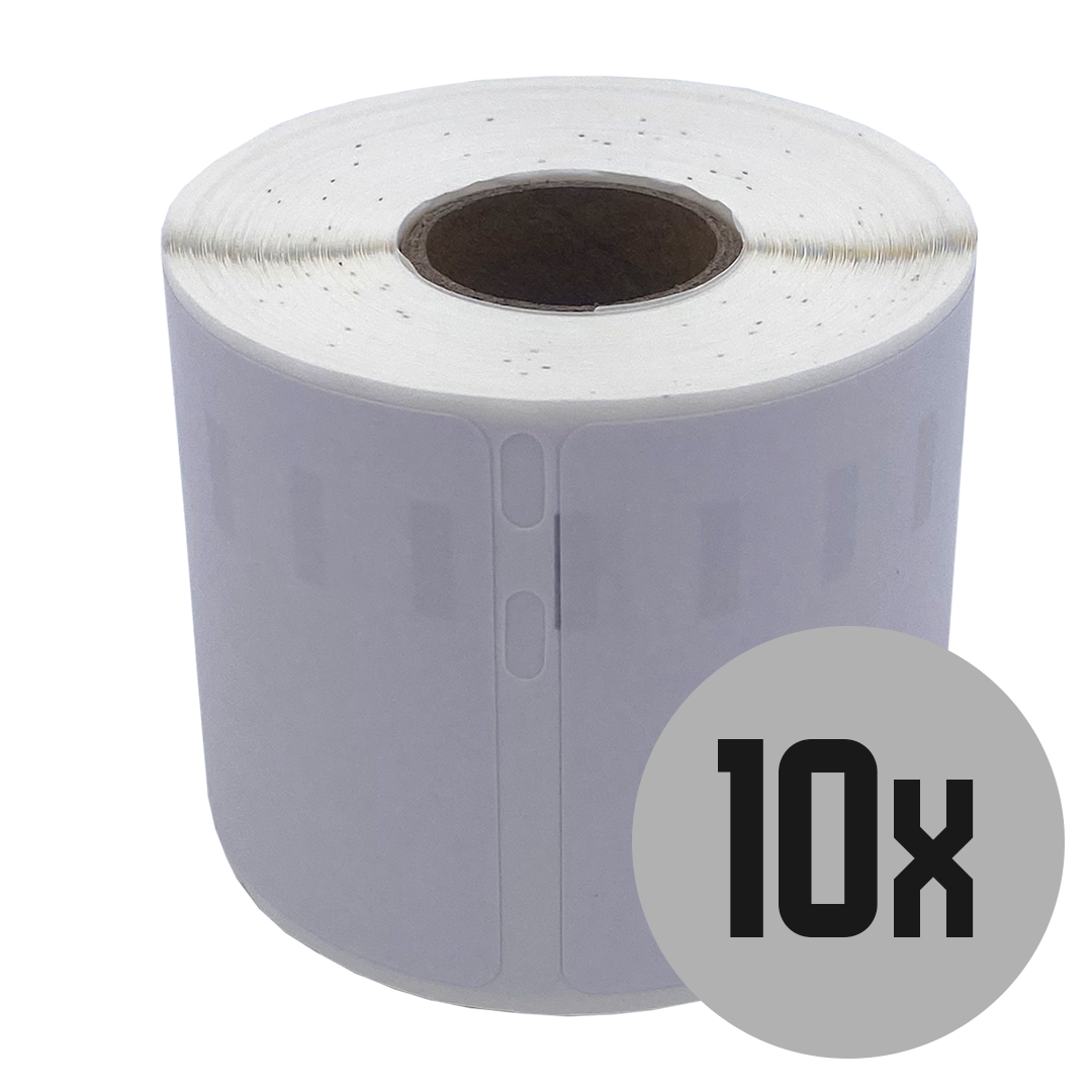 Rol witte etiketten met een zwarte 10x cirkel.