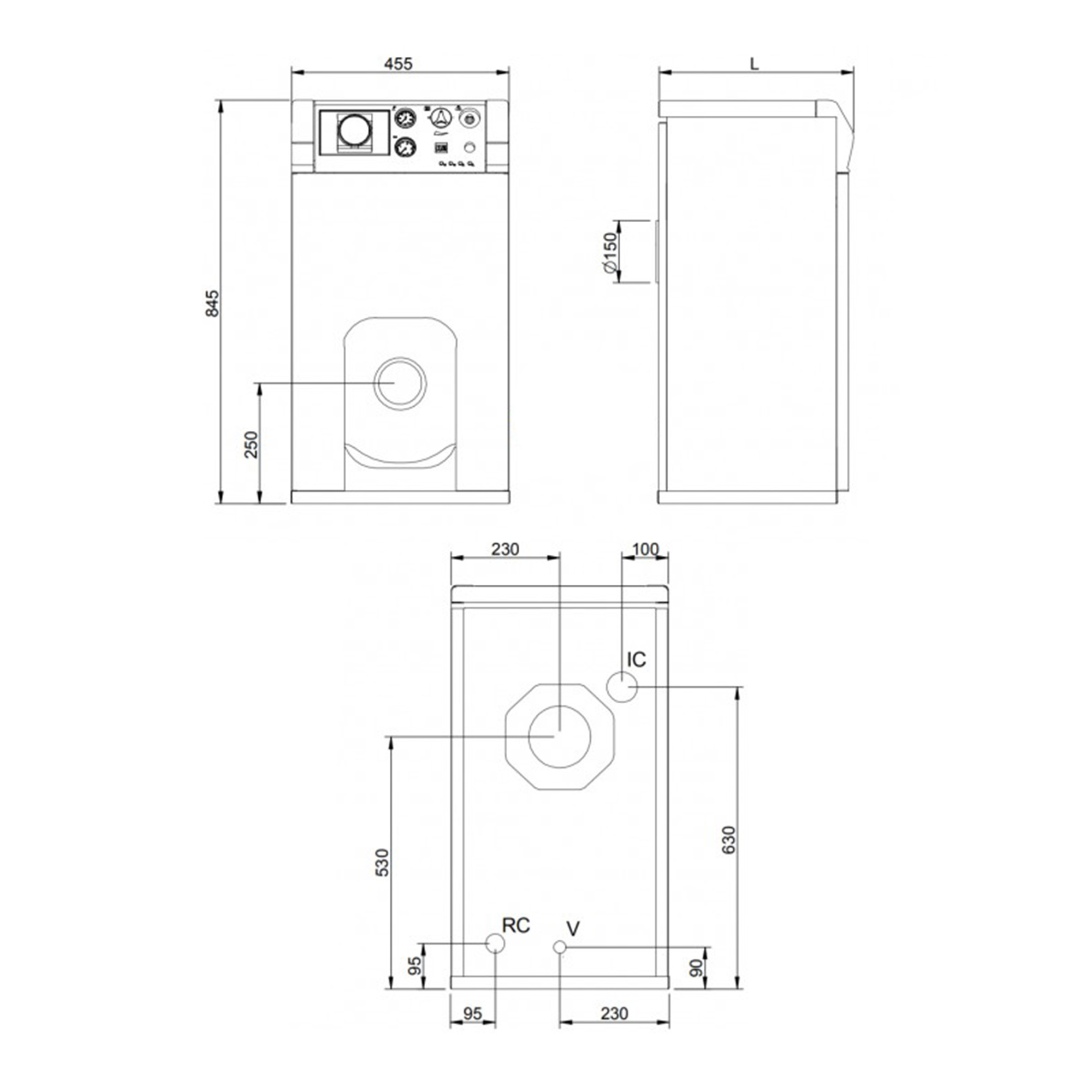 Dibujo técnico de un calentador de agua rectangular con dimensiones y etiquetas.