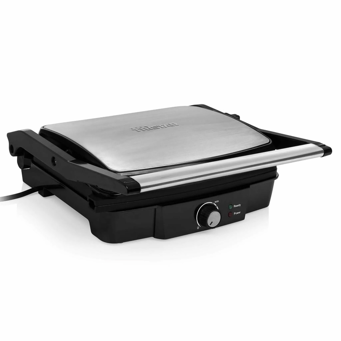 Schwarzer und silberner Paninigrill. Oberer Deckel geschlossen. Drehknopf und Lichter vorne. Schwarzer Griff seitlich.