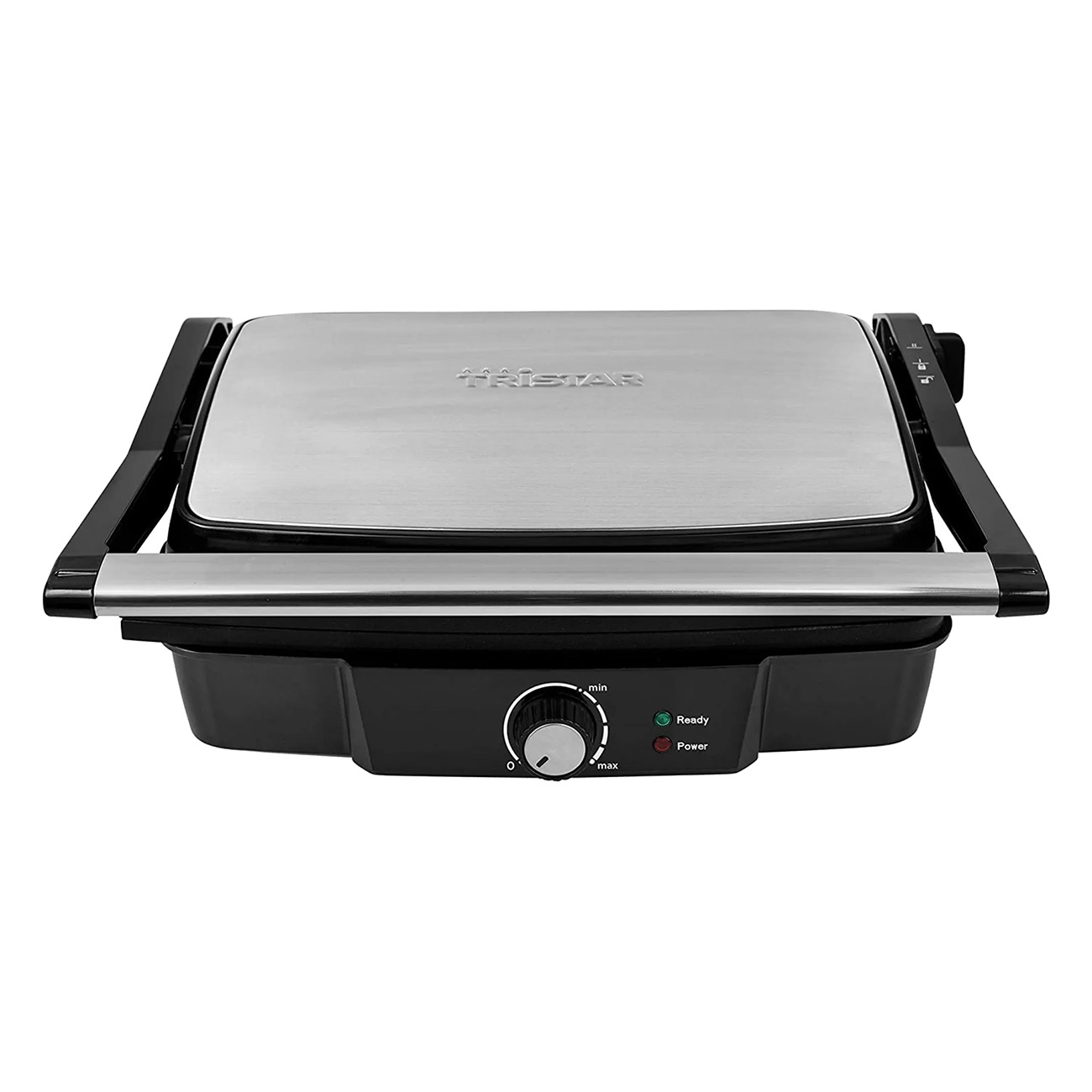 Ein elektrischer Grill von Tristar, oben silber, unten schwarz, mit Temperaturregler.
