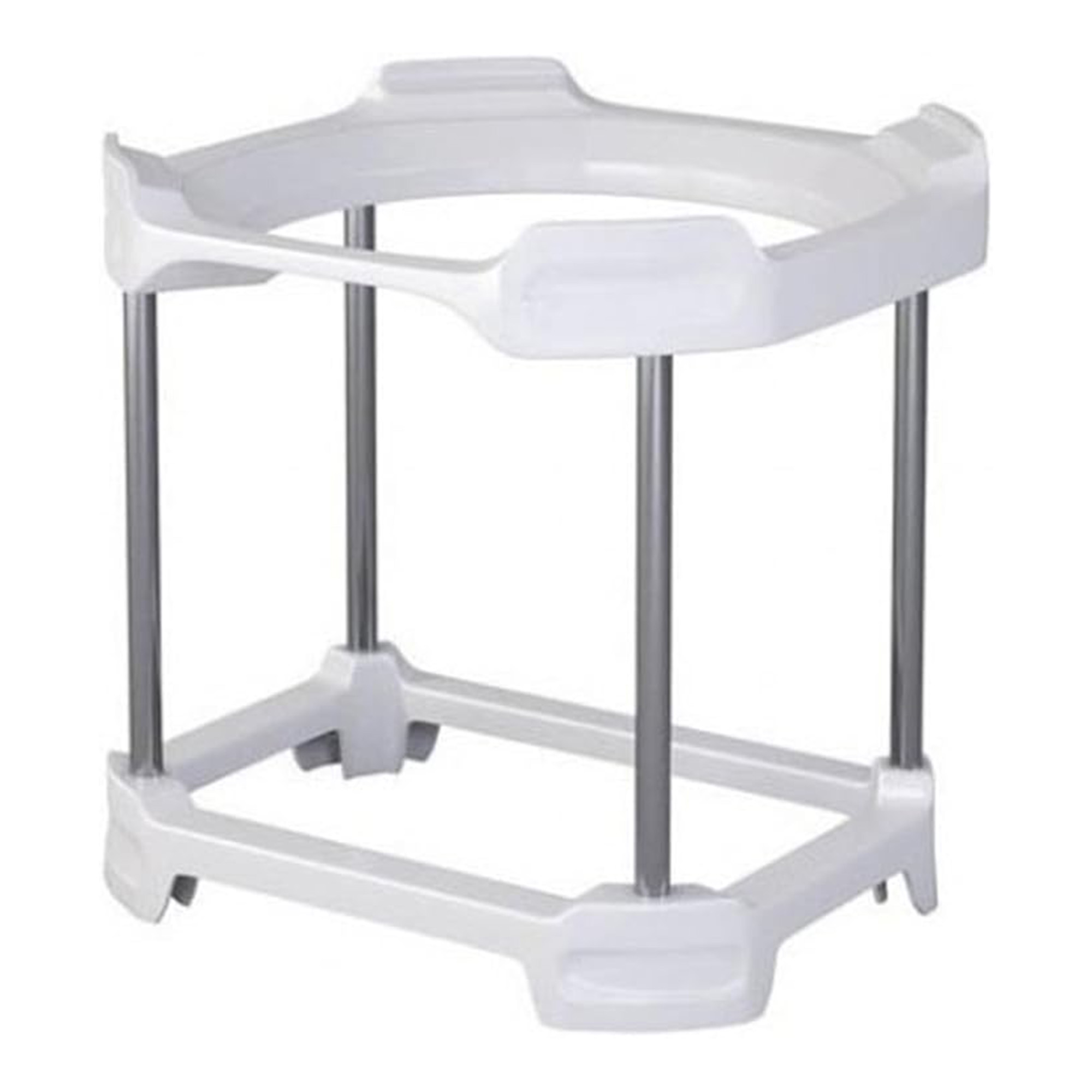Un soporte de plástico blanco con postes metálicos que forman una forma hexagonal.