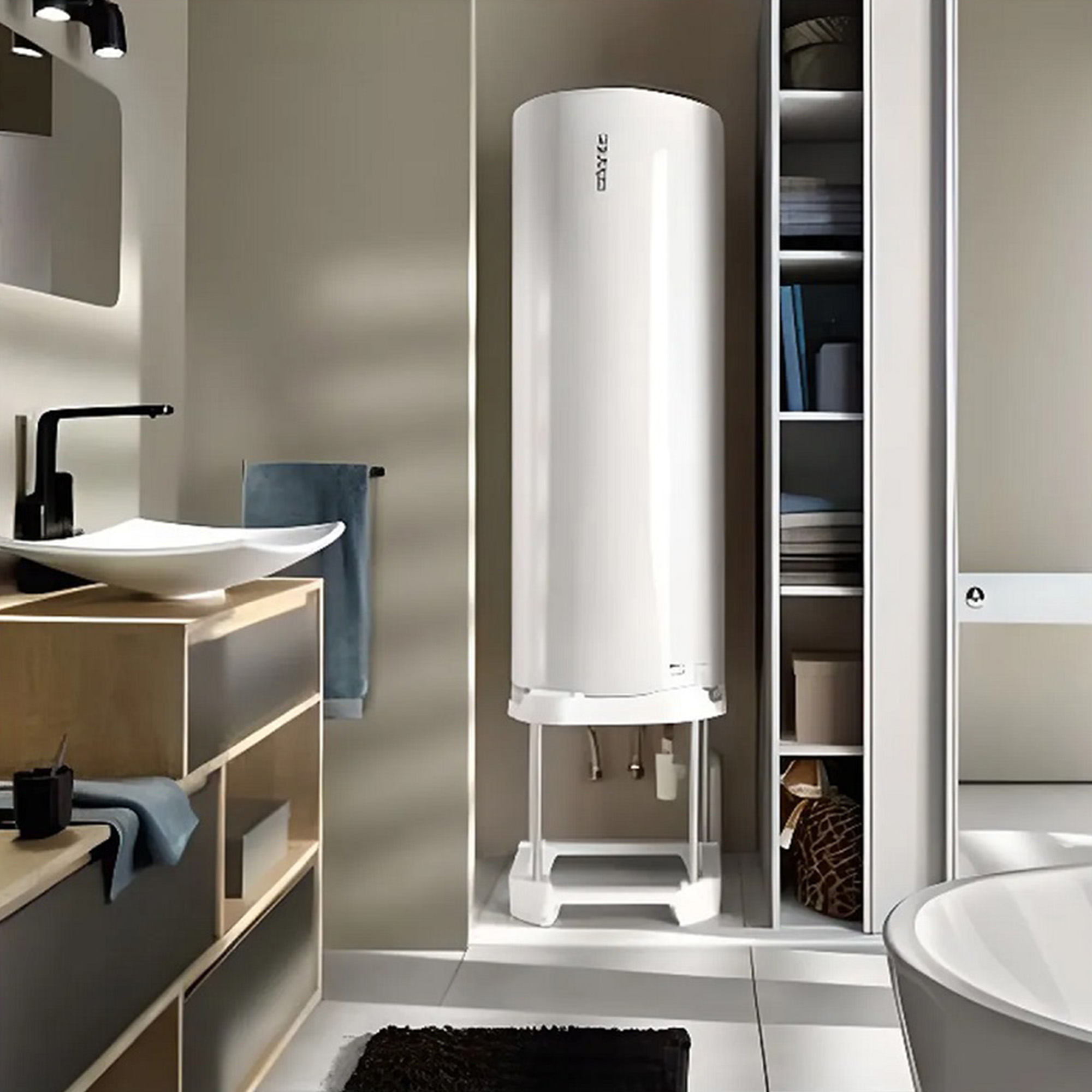 Calentador de agua blanco y alto en un baño.