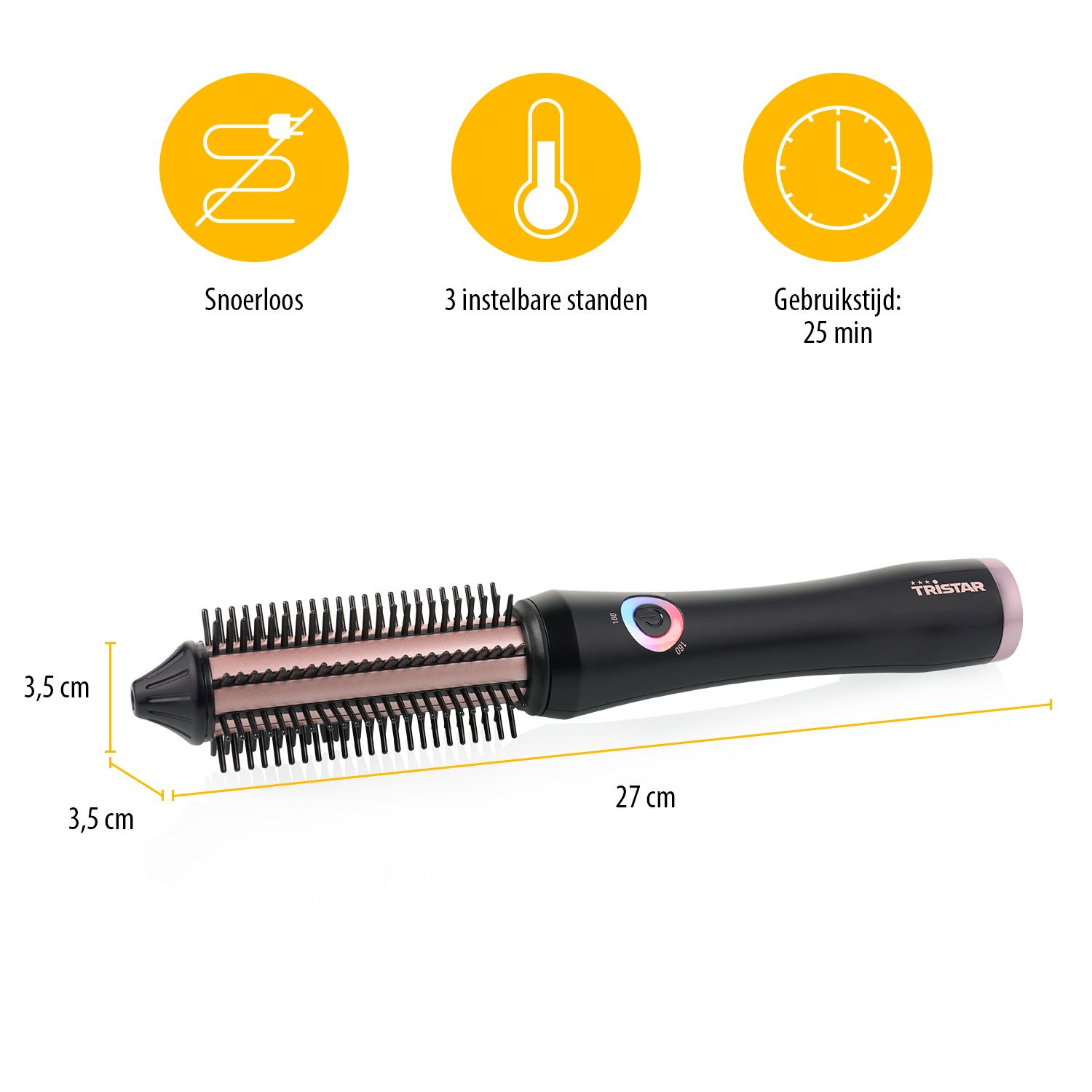 Czarna i różowa lokówka z wymiarami. Trzy ikony u góry.