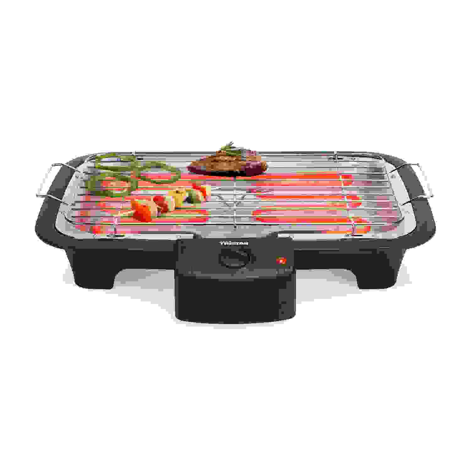 Electric grill with food, including peppers and steak. Black base and metal grill.