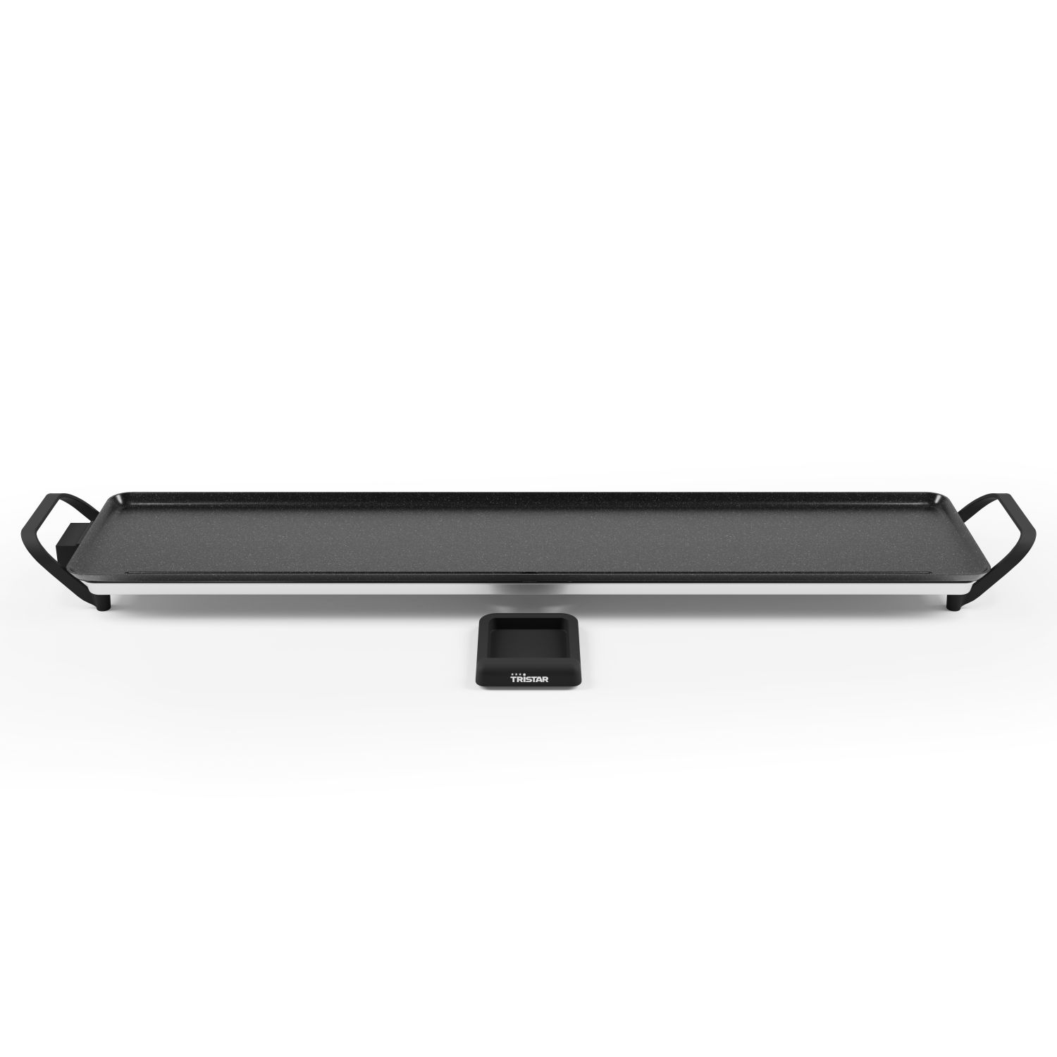 A black, rectangular griddle with handles on each end and a small black tray below.