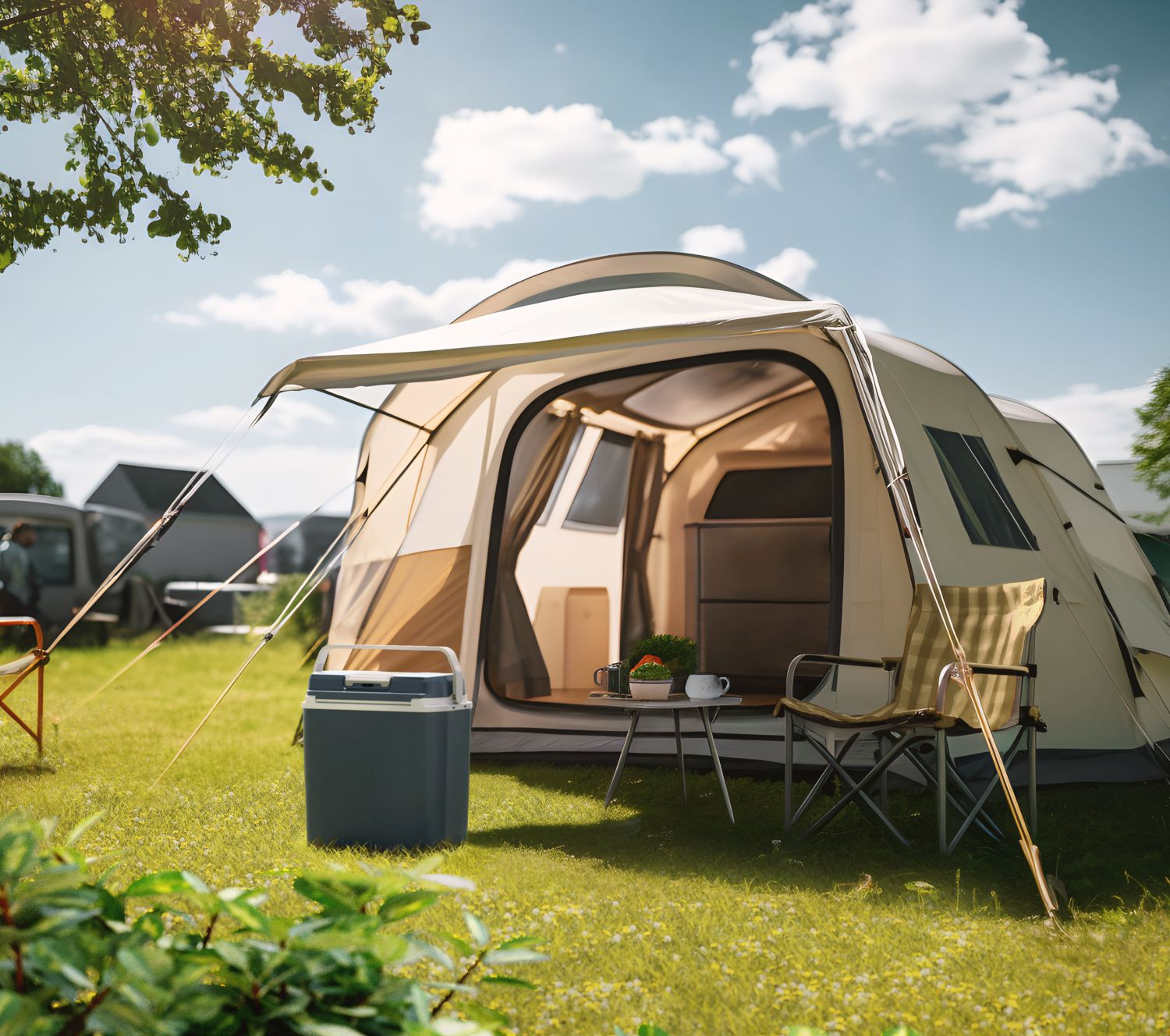 Pole namiotowe z namiotem, składanym krzesłem, lodówką i stołem na zielonej trawie, z drzewami.