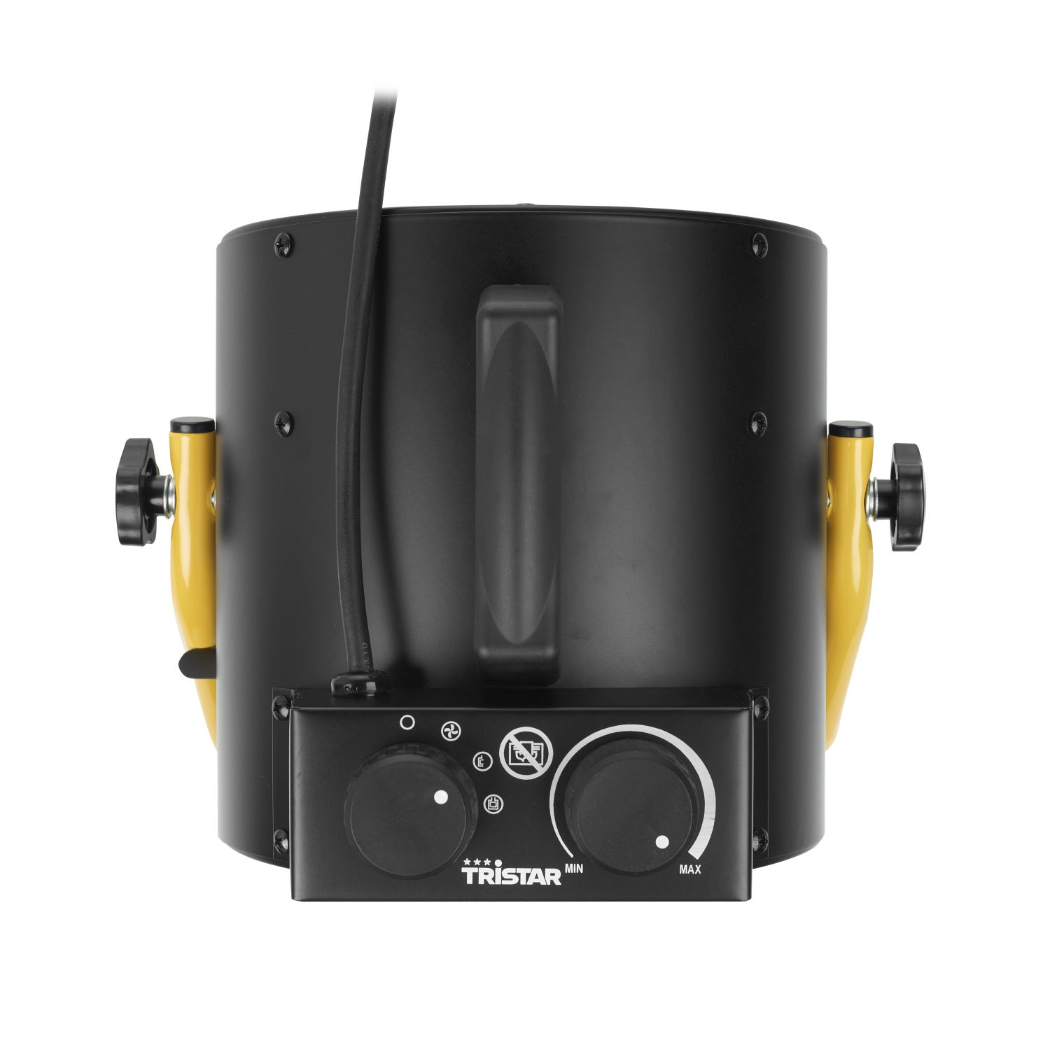 Een zwart-gele ventilatorkachel. Het heeft een handvat en een bedieningspaneel met draaiknoppen en het merk Tristar.