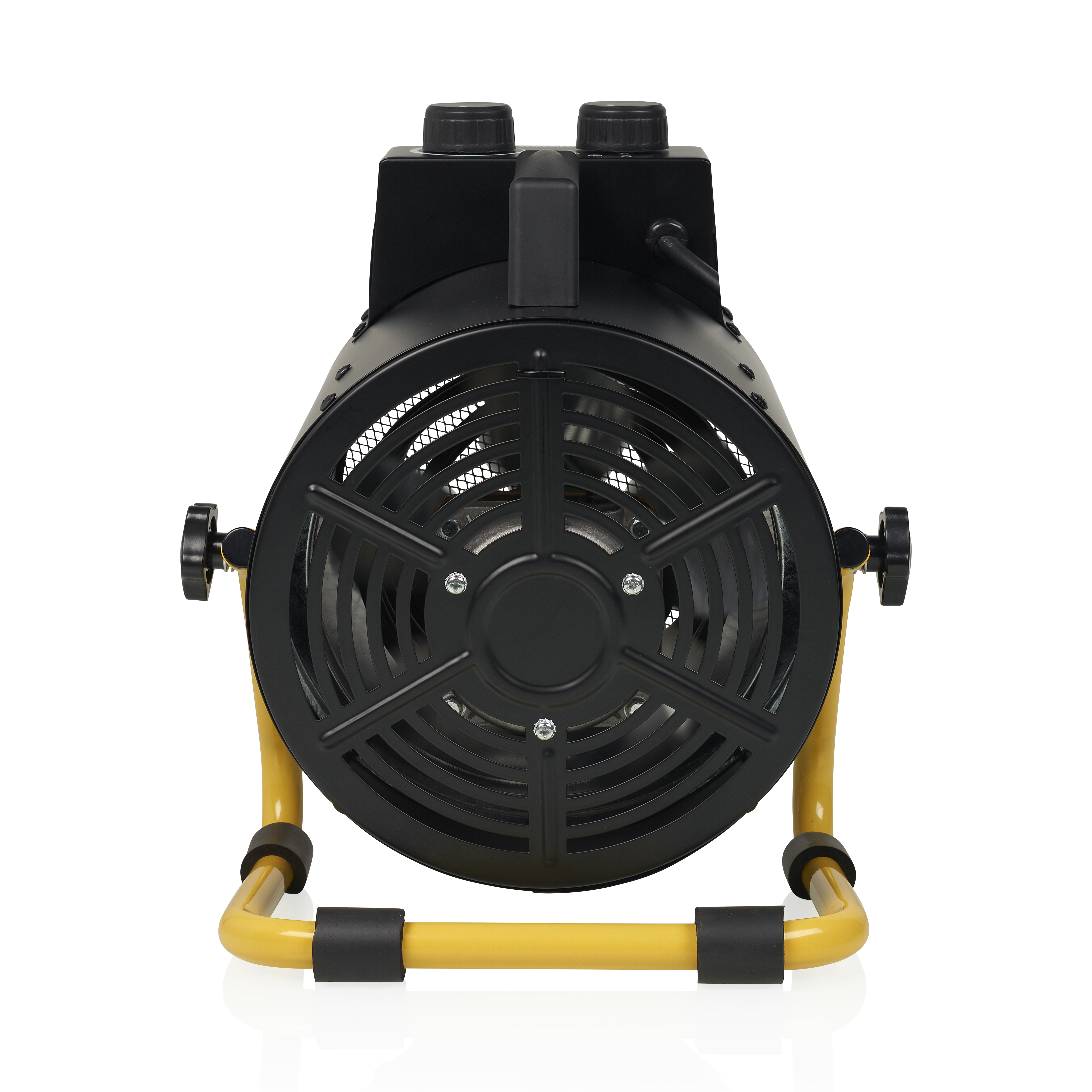 Zwarte elektrische ventilator met gele standaard. Het heeft een ronde voorkant en een handvat.
