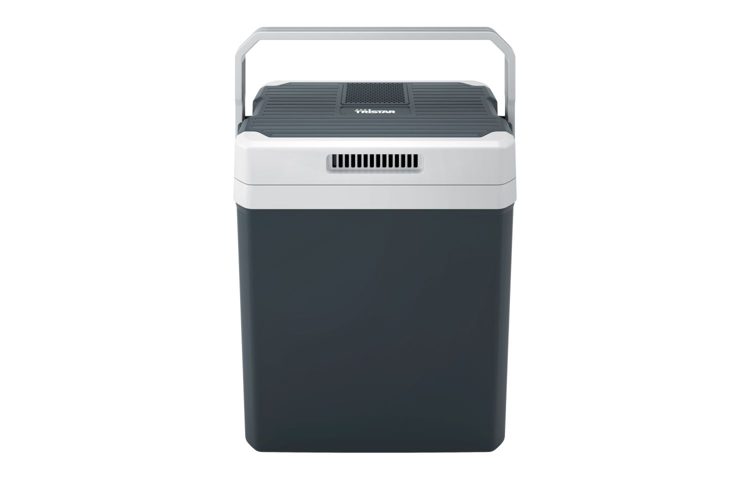 Un contenitore frigo grigio scuro con parte superiore e maniglia bianche, su sfondo bianco.