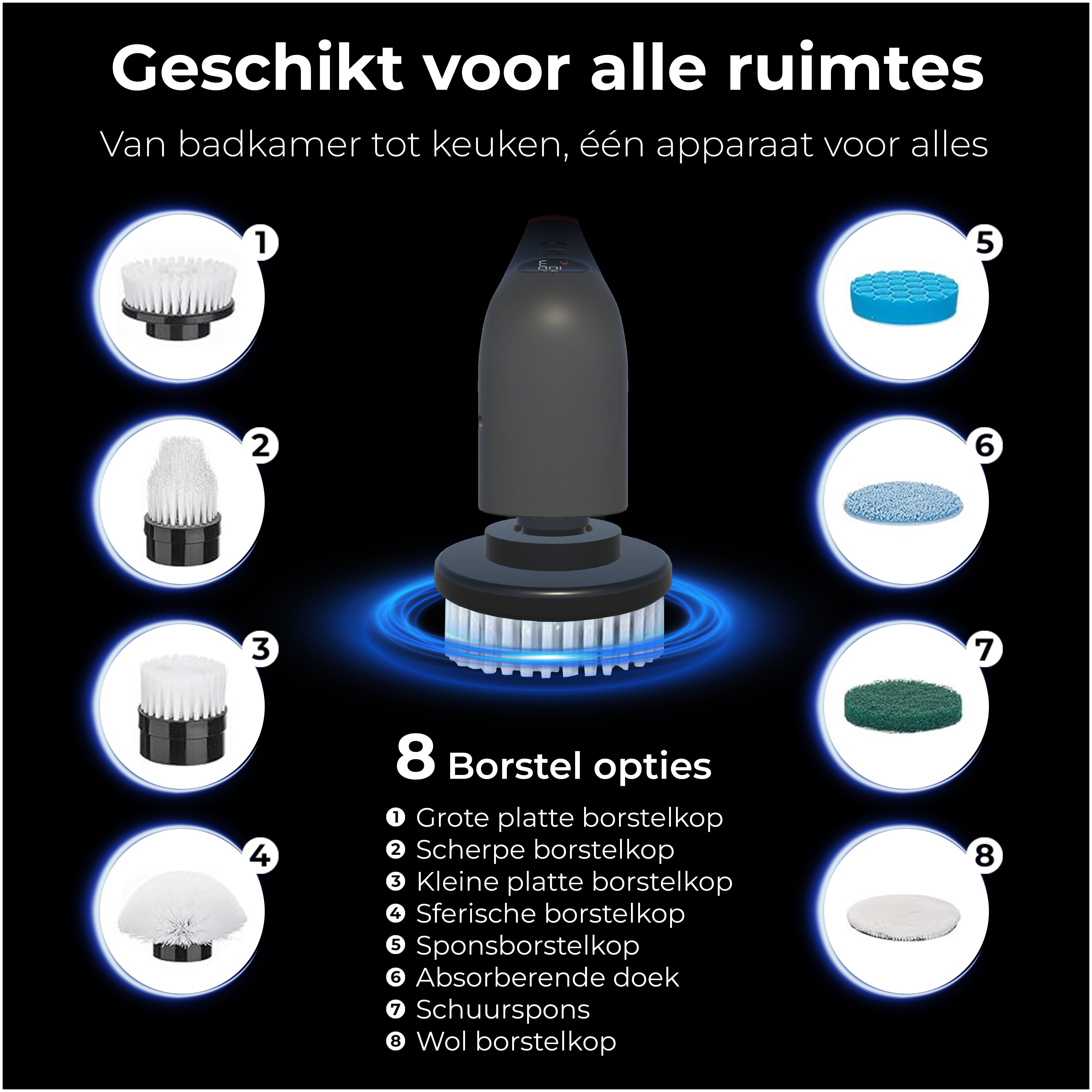 An image showing a cleaning device and 8 different brush heads.