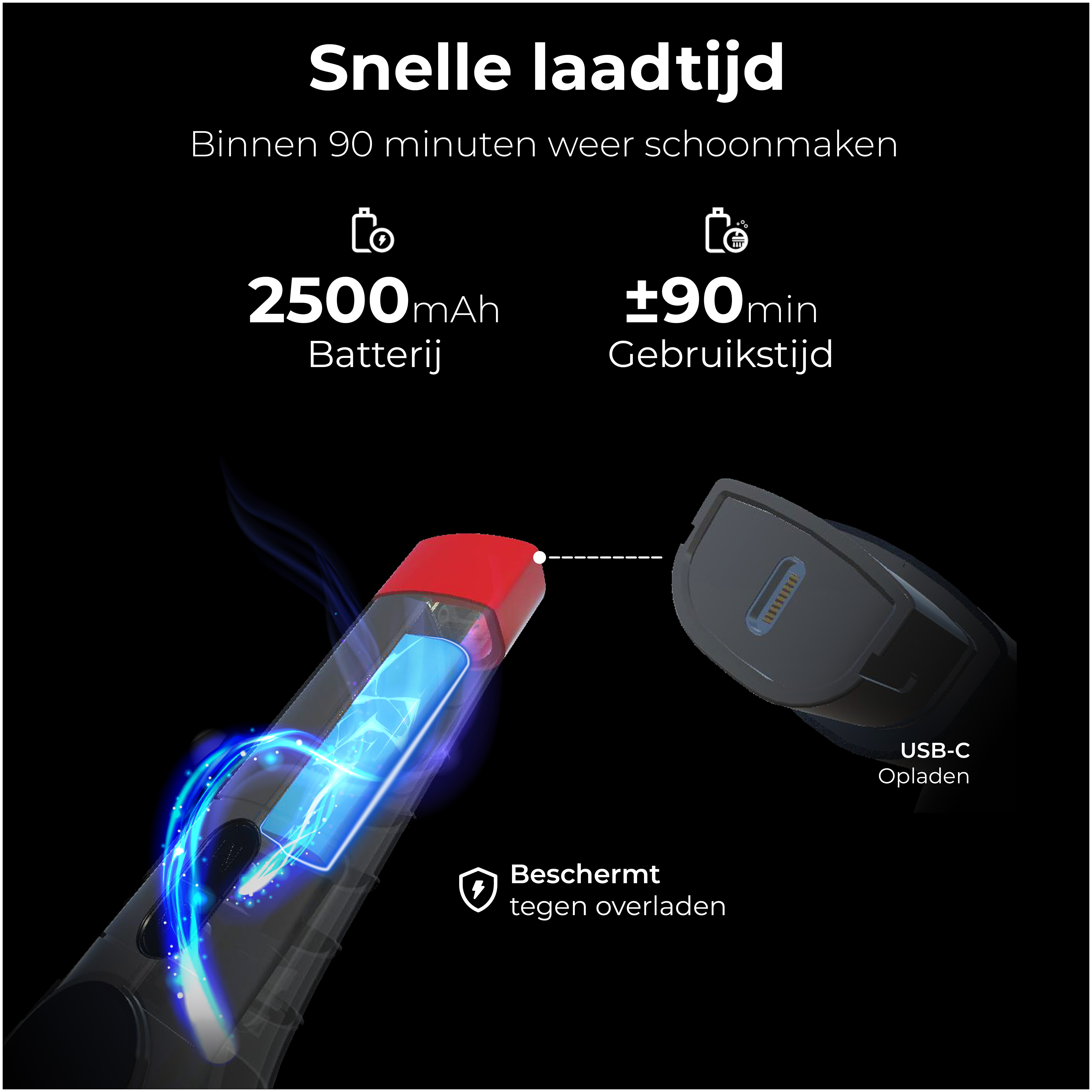 A diagram shows a device with a red top, blue light, and USB-C charging.