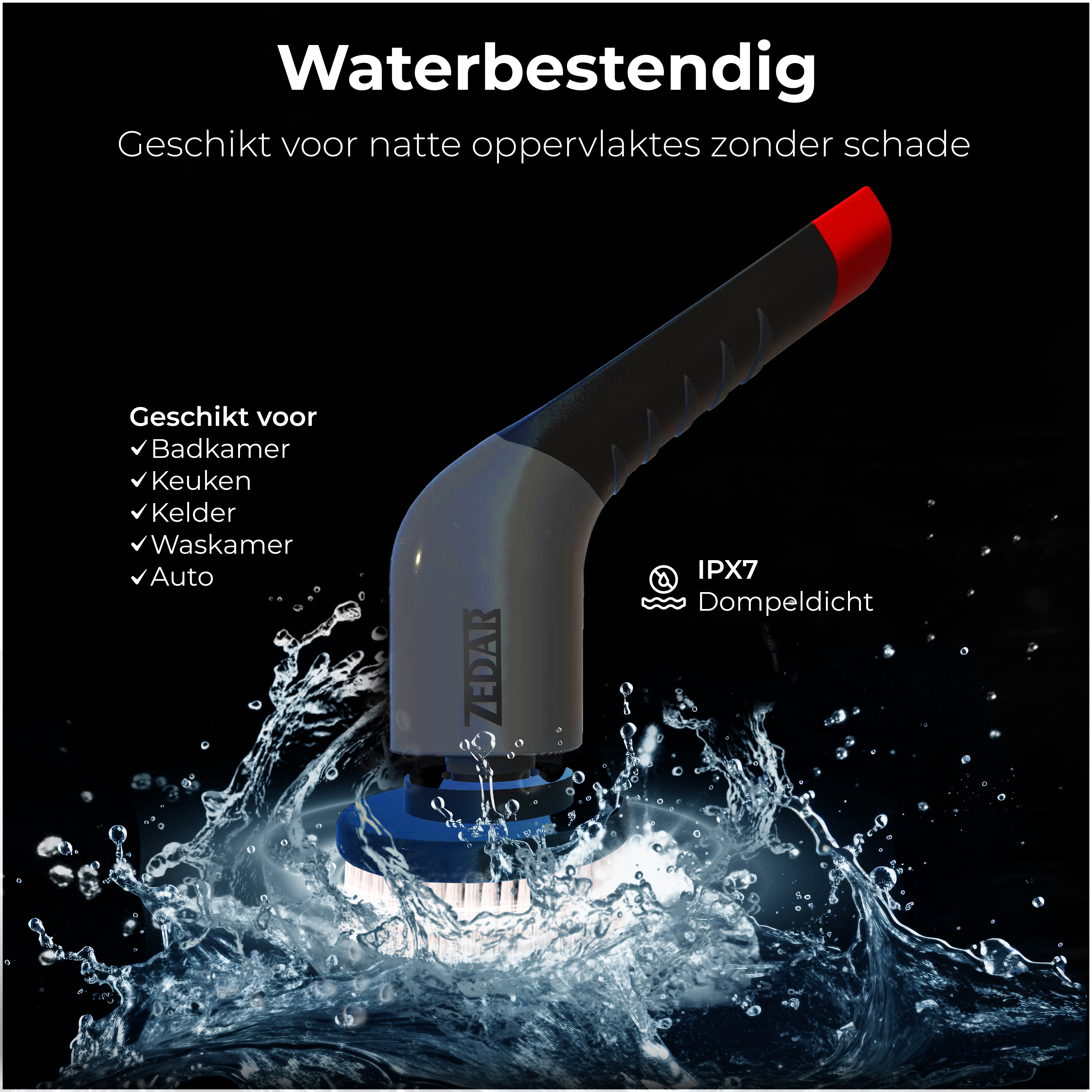 A black and gray cleaning brush with a red end, water splash background.
