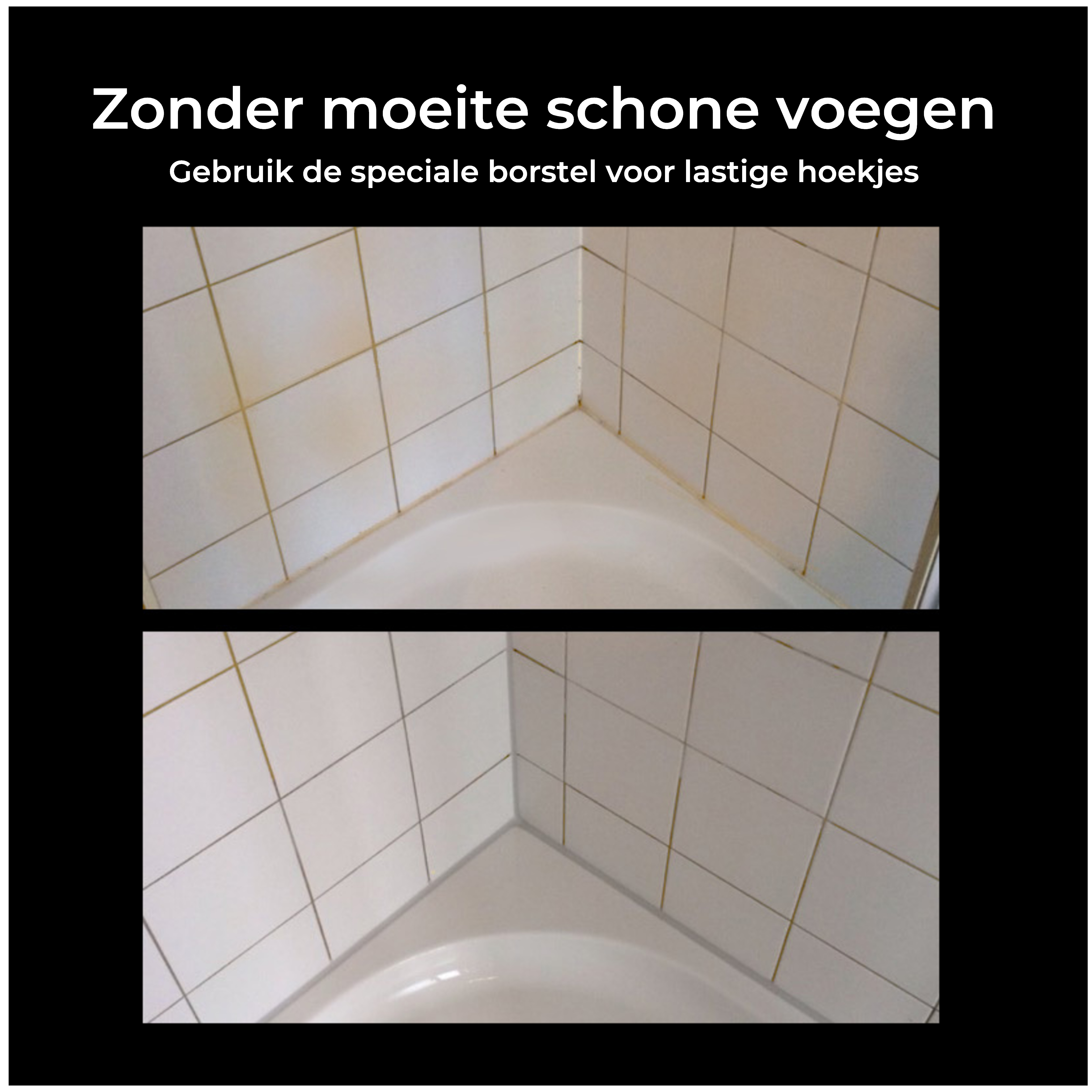 Before and after of a white tiled shower.