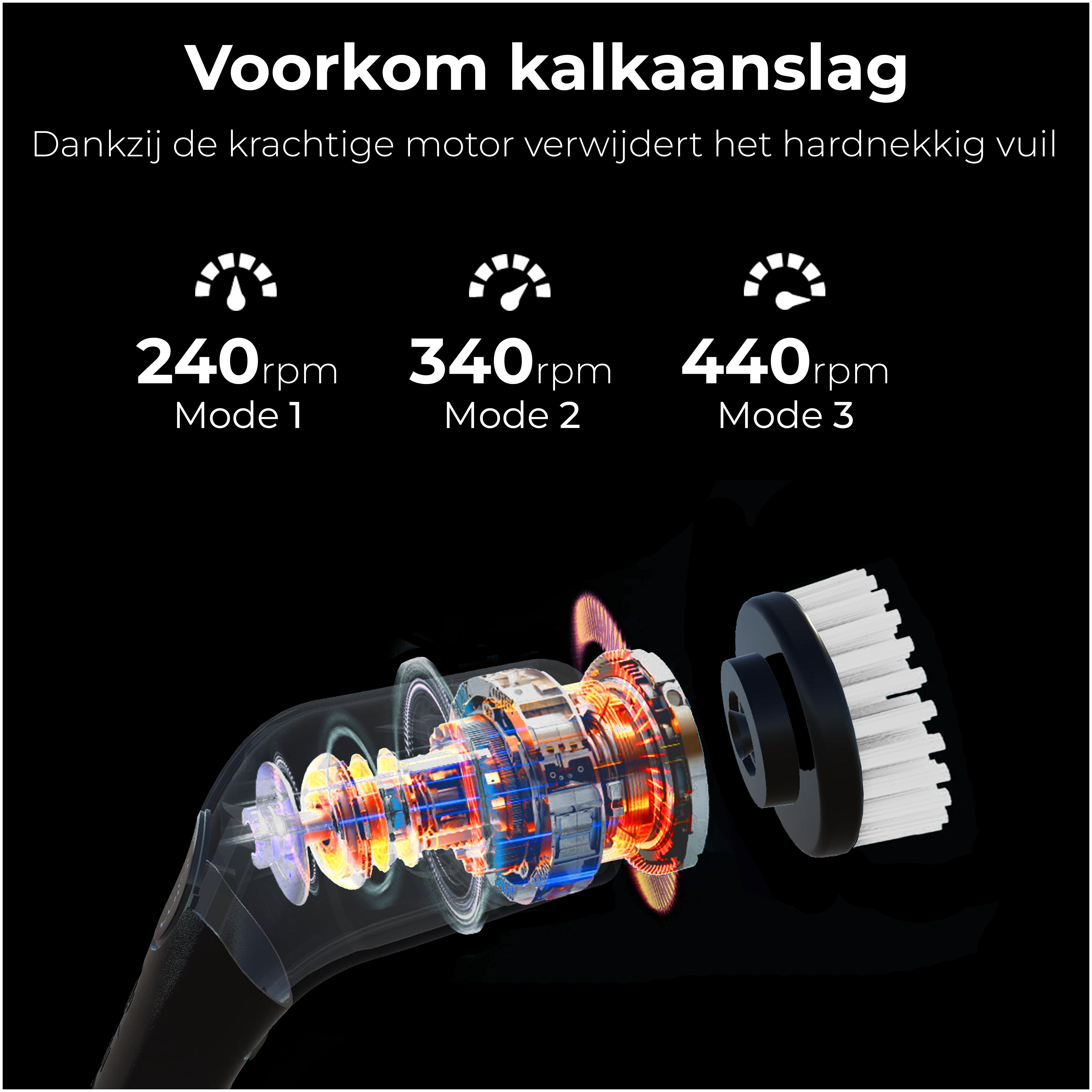 Diagram of a cleaning tool showing speed settings. Text says '240rpm, 340rpm, 440rpm'.