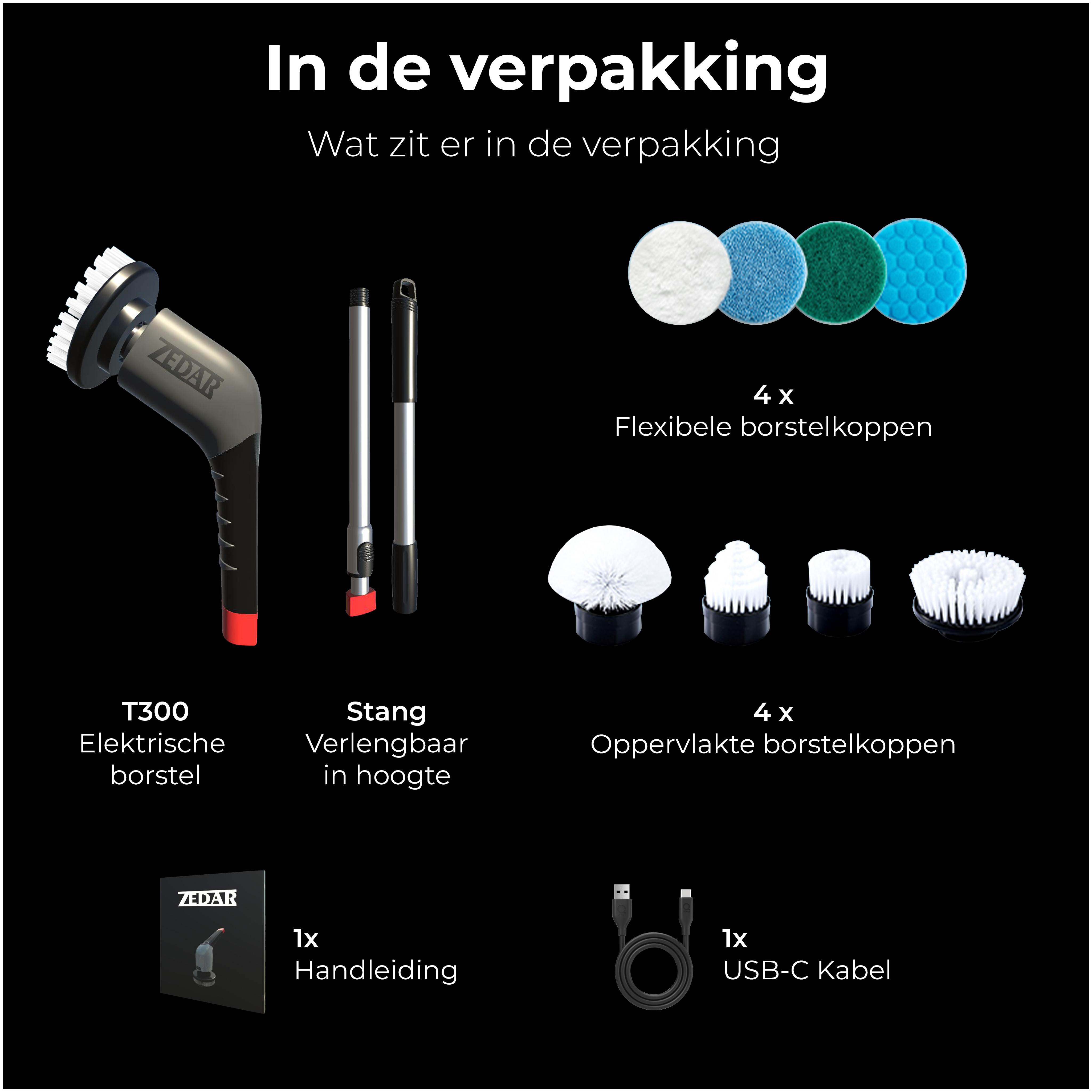 Various cleaning tools: an electric brush, extension wand, and different brush heads.