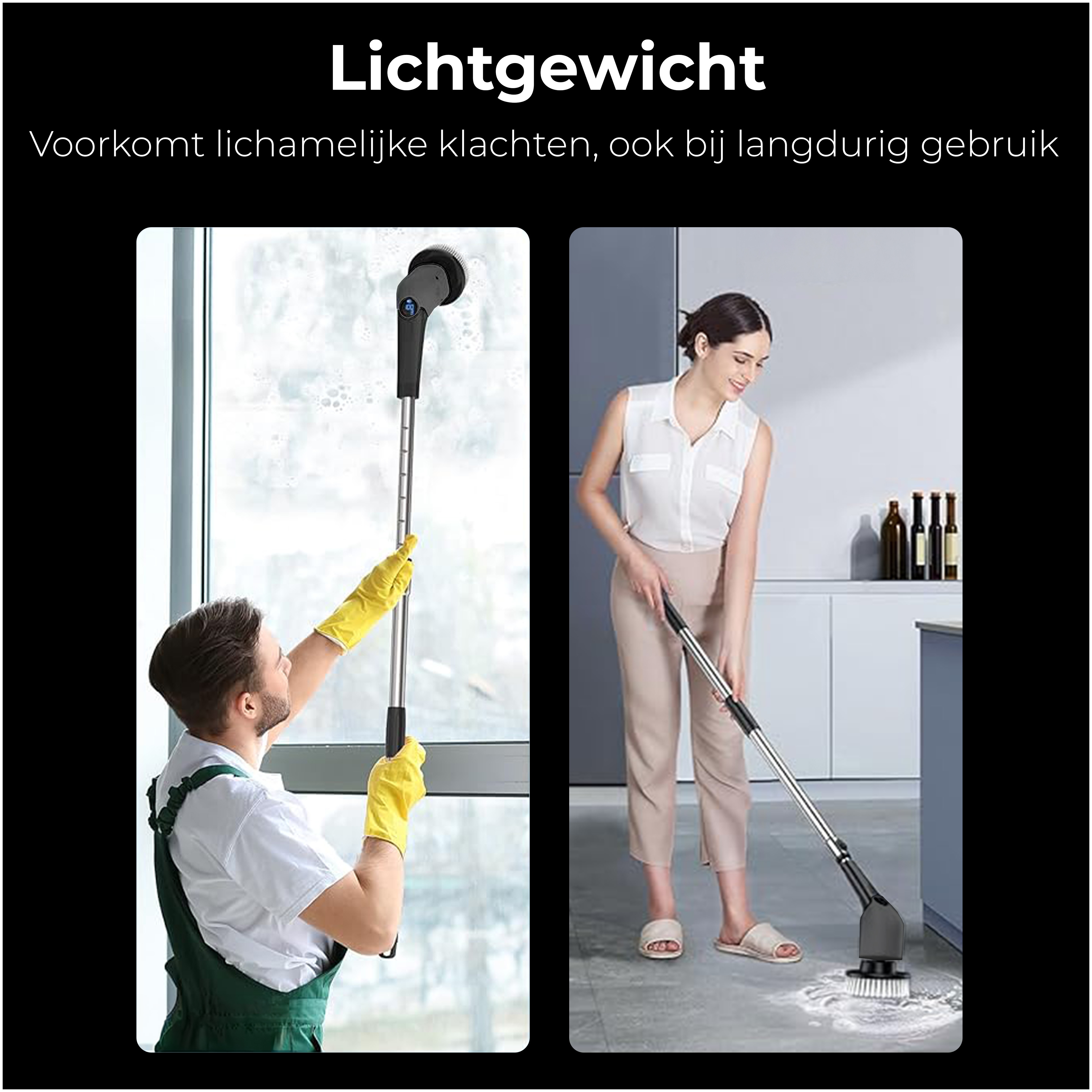 Two images show a man cleaning a window and a woman cleaning a floor with a device.