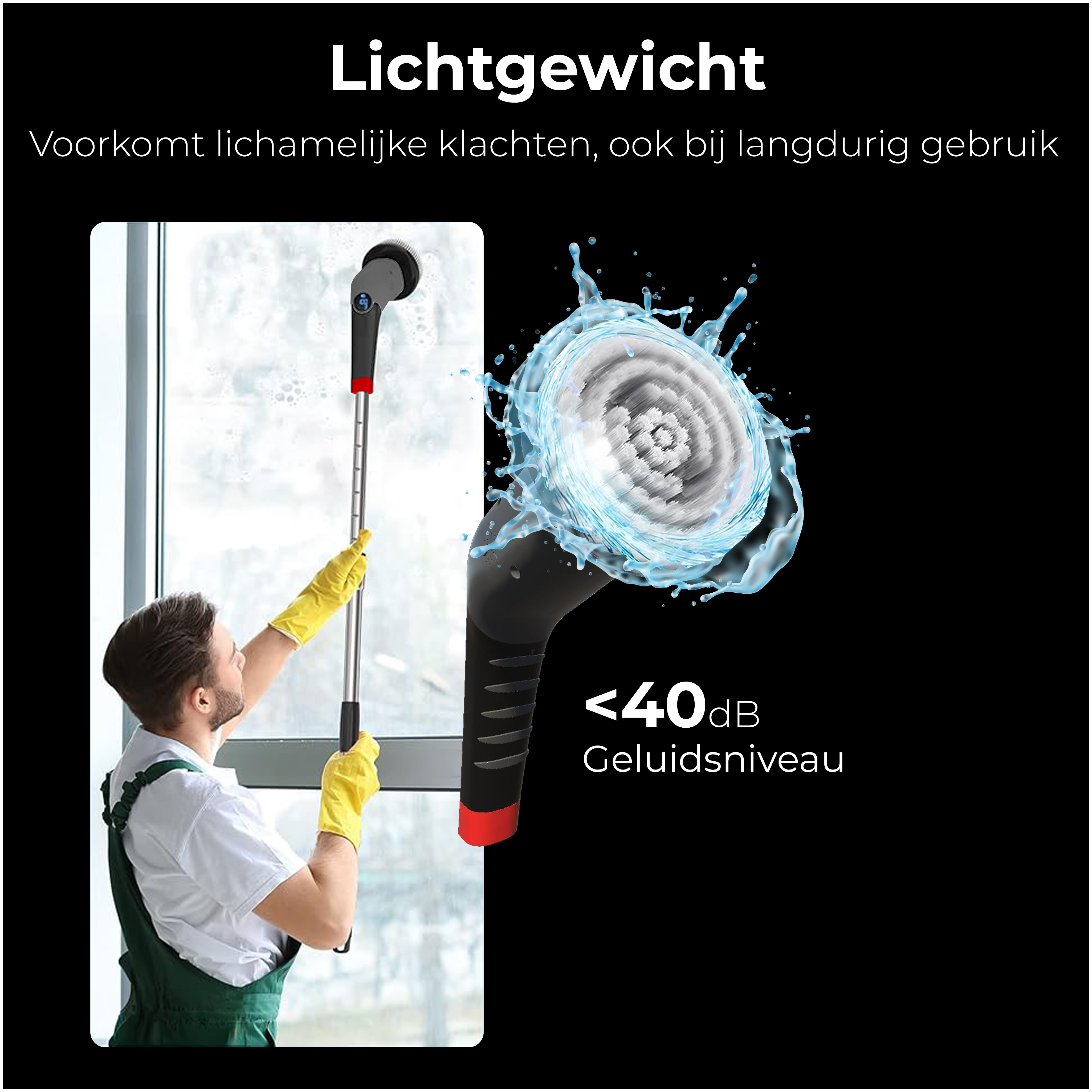 A man cleaning a window with a special tool, water spraying.